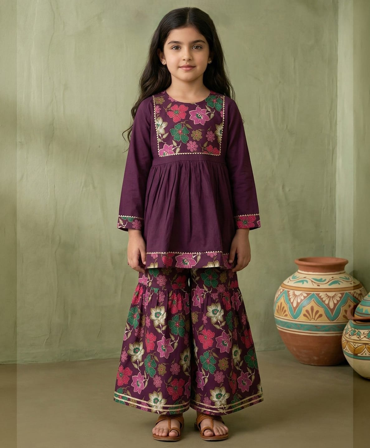 READIPRINT Pure Cotton Woven Full Sleeves Gota Lace Embellished & Floral Printed Kurti Sharara Set - Purple-picture-36