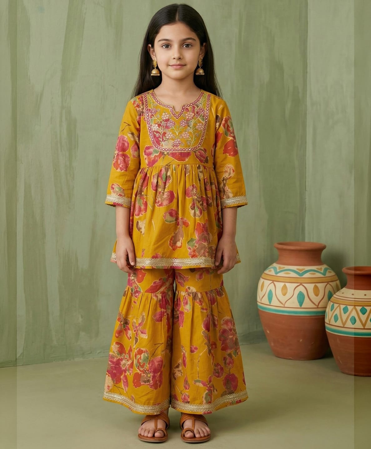 READIPRINT Pure Cotton Woven Full Sleeves Mirror Work Detailed Floral Embroidered & Printed Kurti Sharara Set - Yellow-image-20