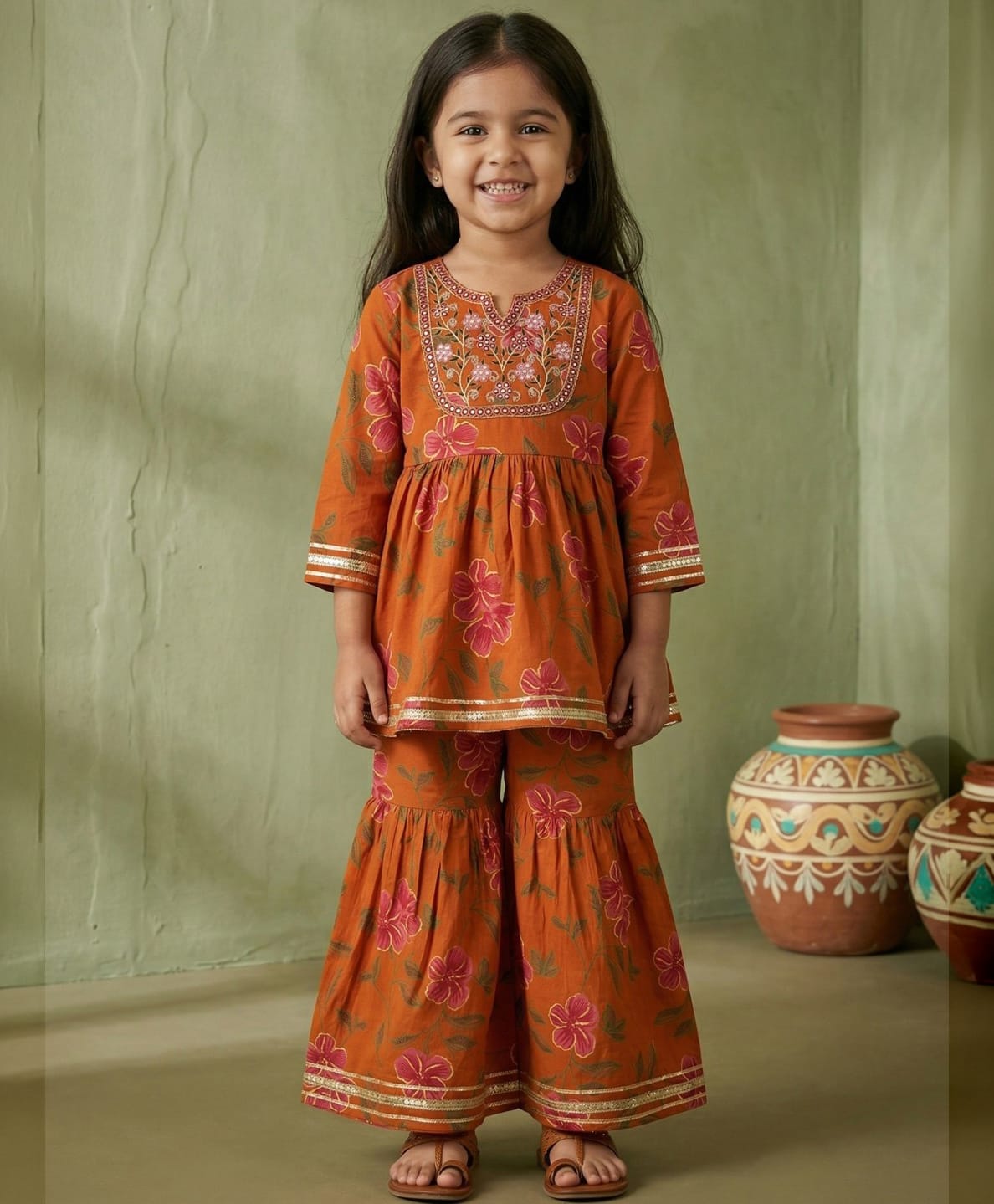 READIPRINT Pure Cotton Woven Three Fourth Sleeves Mirror Work Detailed Floral Printed & Embroidered Kurti Sharara Set - Rust-picture-25