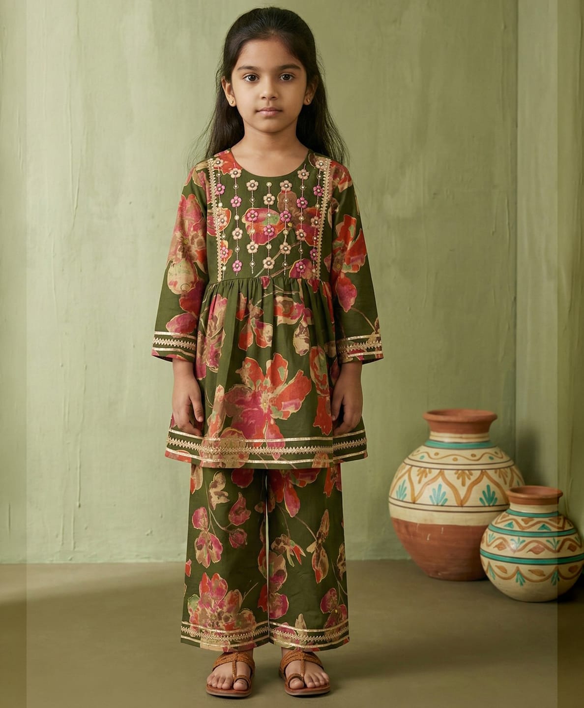 READIPRINT Pure Cotton Woven Three Fourth Sleeves Gota Lace Embellished Mirror Work Detailed Floral Printed & Embroidered Kurti Salwar Set - Green-image-37