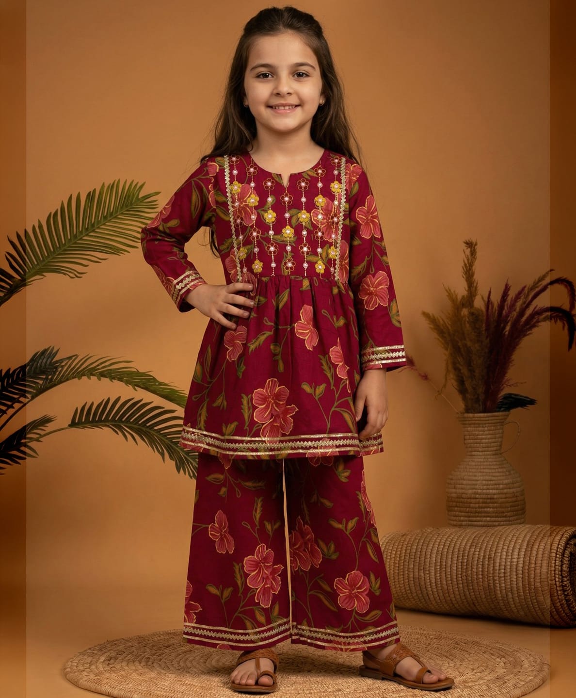 READIPRINT Pure Cotton Woven Three Fourth Sleeves Gota Lace Embellished Mirror Work Detailed Floral Printed & Embroidered Kurti Salwar Set - Red-picture-25