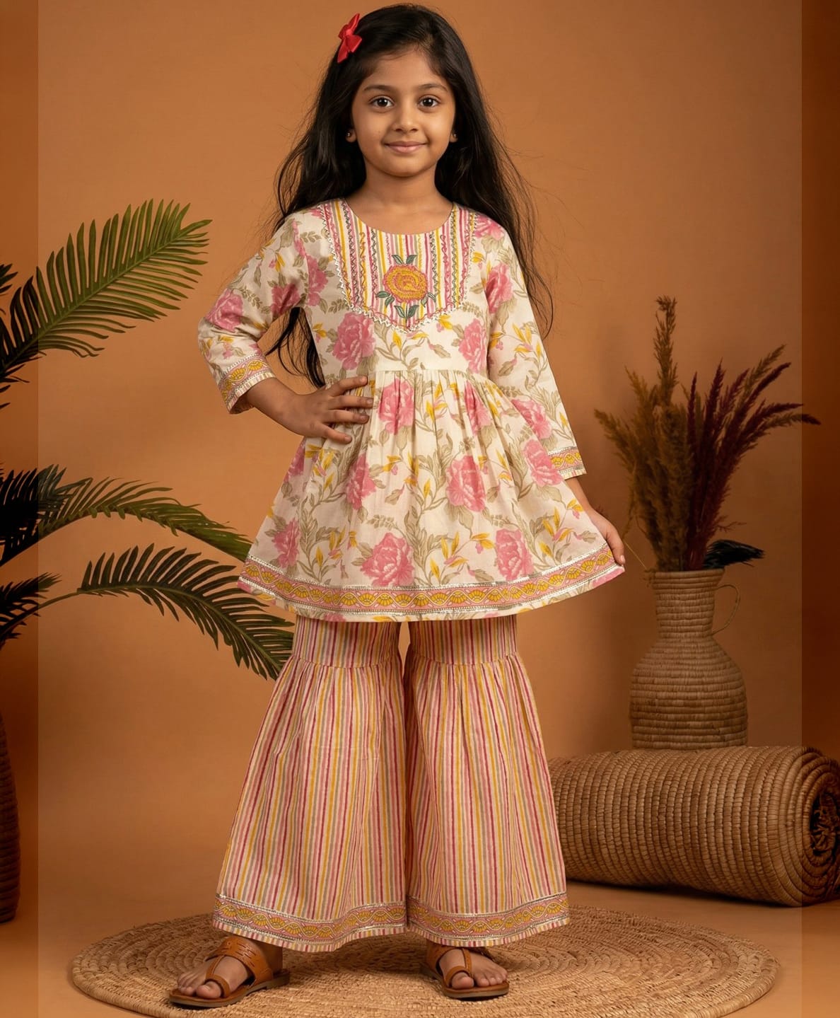 READIPRINT Pure Cotton Woven Three Fourth Sleeves Gota Lace Embellished Floral Printed & Embroidered Kurti Sharara Set - Pink-picture-30