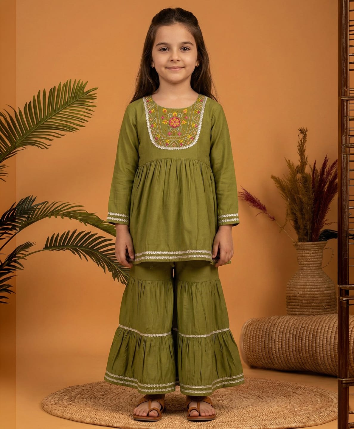 READIPRINT Pure Silk Woven Full Sleeves Floral Embroidered Kurti Sharara Set - Green-picture-36
