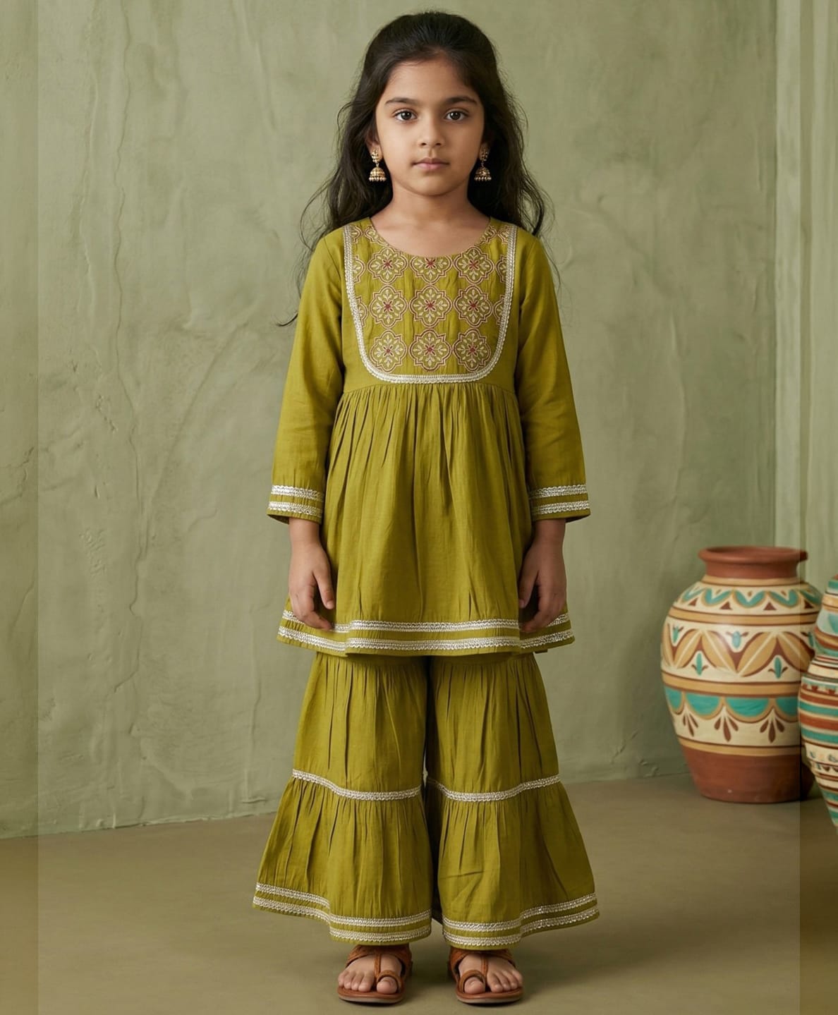 READIPRINT Pure Silk Woven Full Sleeves Gota Lace Embellished & Ethnic Motif Embroidered Kurti Sharara Set - Lime Green-picture-8
