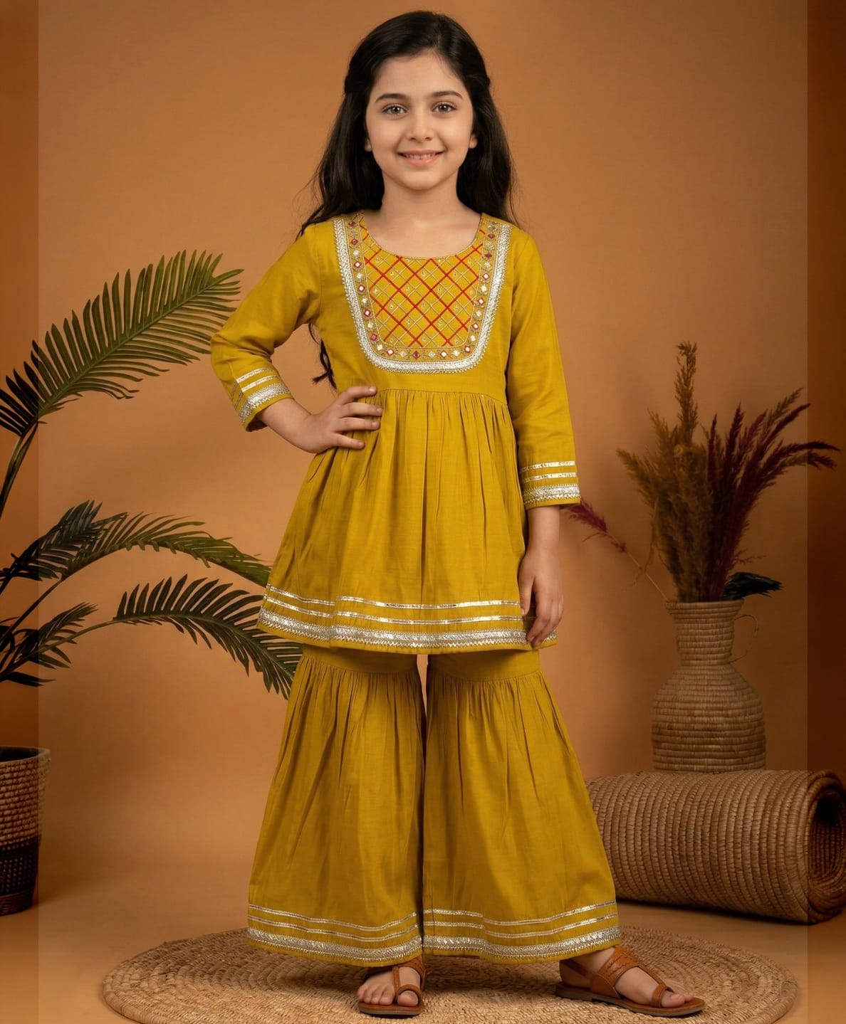 READIPRINT Pure Silk Woven Full Sleeves Gota Lace Embellished Mirror & Thread Work Detailed Kurti Sharara Set - Yellow-image-25