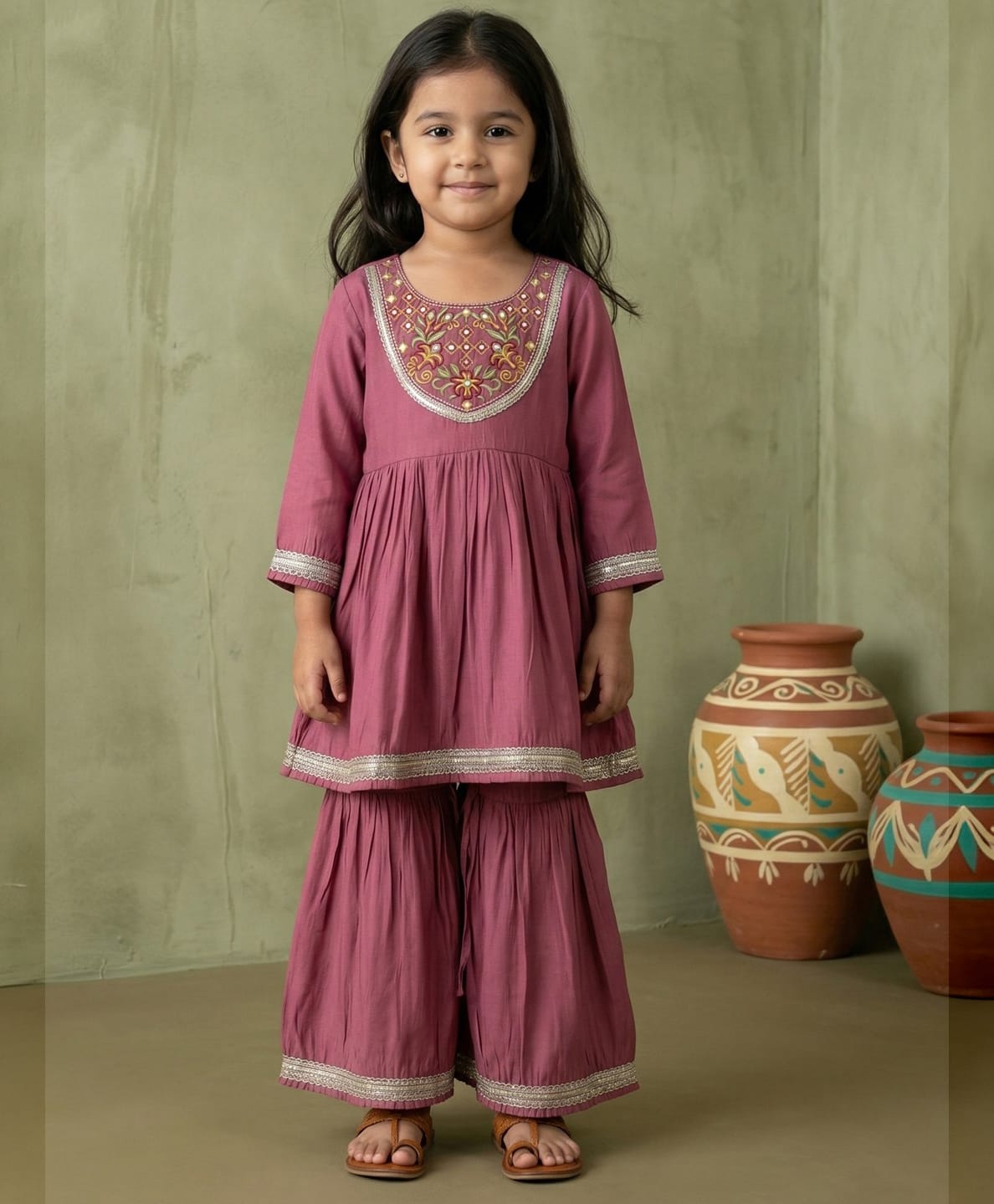READIPRINT Pure Silk Woven Full Sleeves Gota Lace Embellished Mirror Work Detailed & Floral Embroidered Kurti Sharara Set - Pink-picture-46
