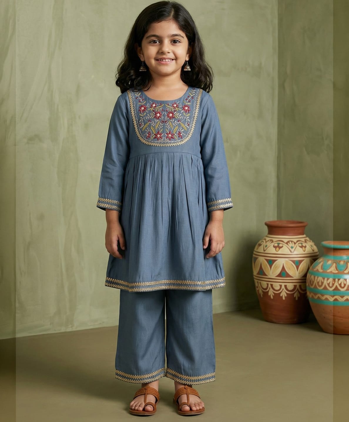 READIPRINT Pure Silk Woven Full Sleeves Gota Lace Embellished & Floral Embroidered Kurti Sharara Set - Blue-picture-43