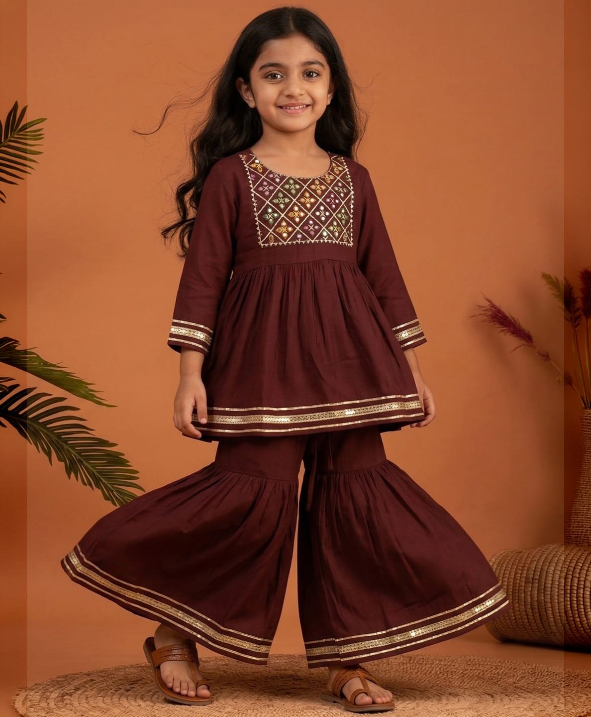 READIPRINT Silk Woven Full Sleeves Gota Lace Embellished Mirror Work Detailed & Ethnic Motif Embroidered Kurti Sharara Set - Brown-picture-29