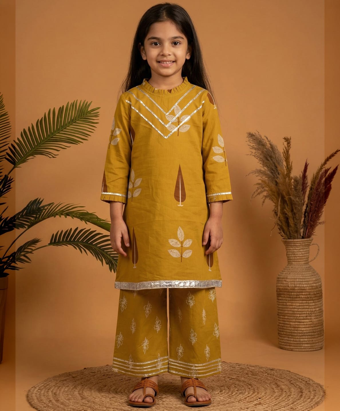 READIPRINT Pure Cotton Woven Three Fourth Sleeves Leaves Printed Kurti & Palazzo Set - Yellow-picture-38