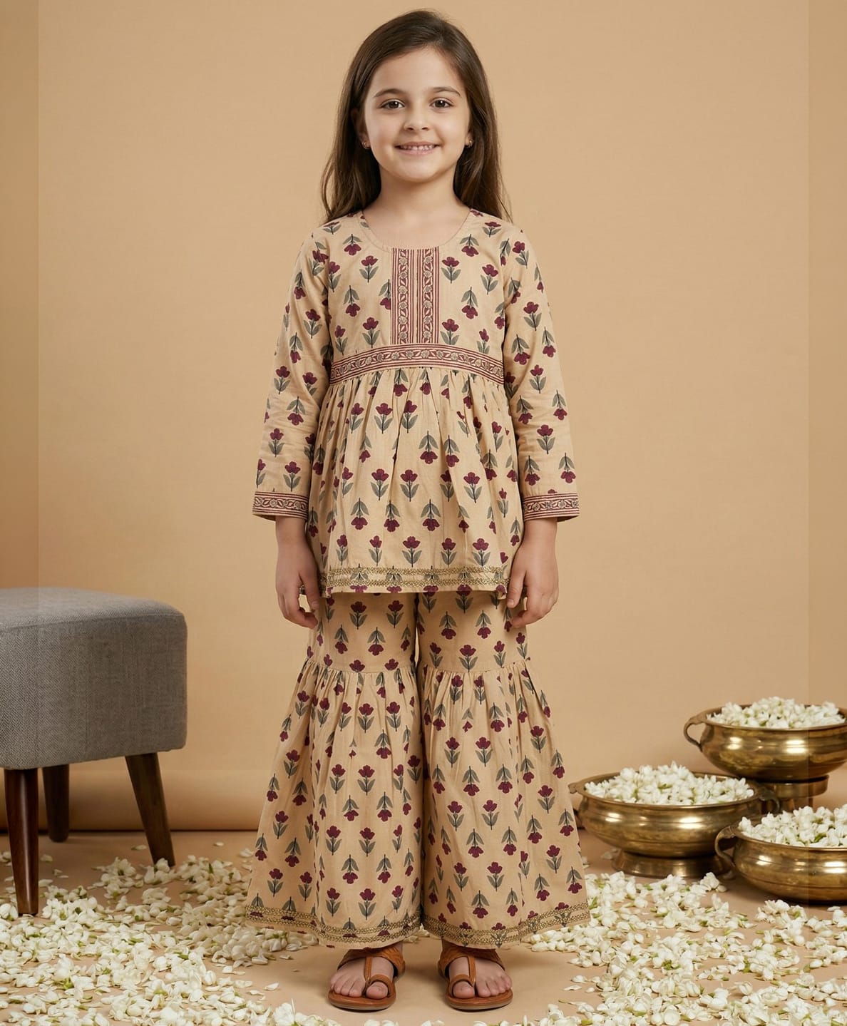 READIPRINT Pure Cotton Woven Full Sleeves Floral Printed Kurti & Sharara Set - Beige-image-33