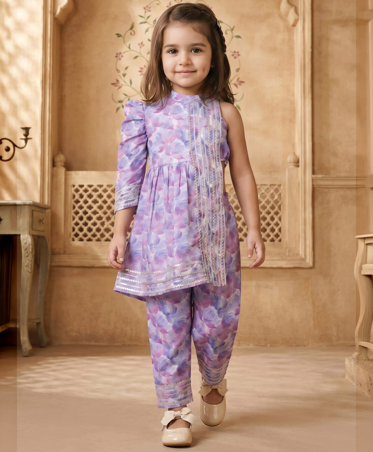 READIPRINT Chiffon Woven Three Fourth Sleeves Floral Printed Lace Embellished Kurti & Pants Set - Mauve-image-19
