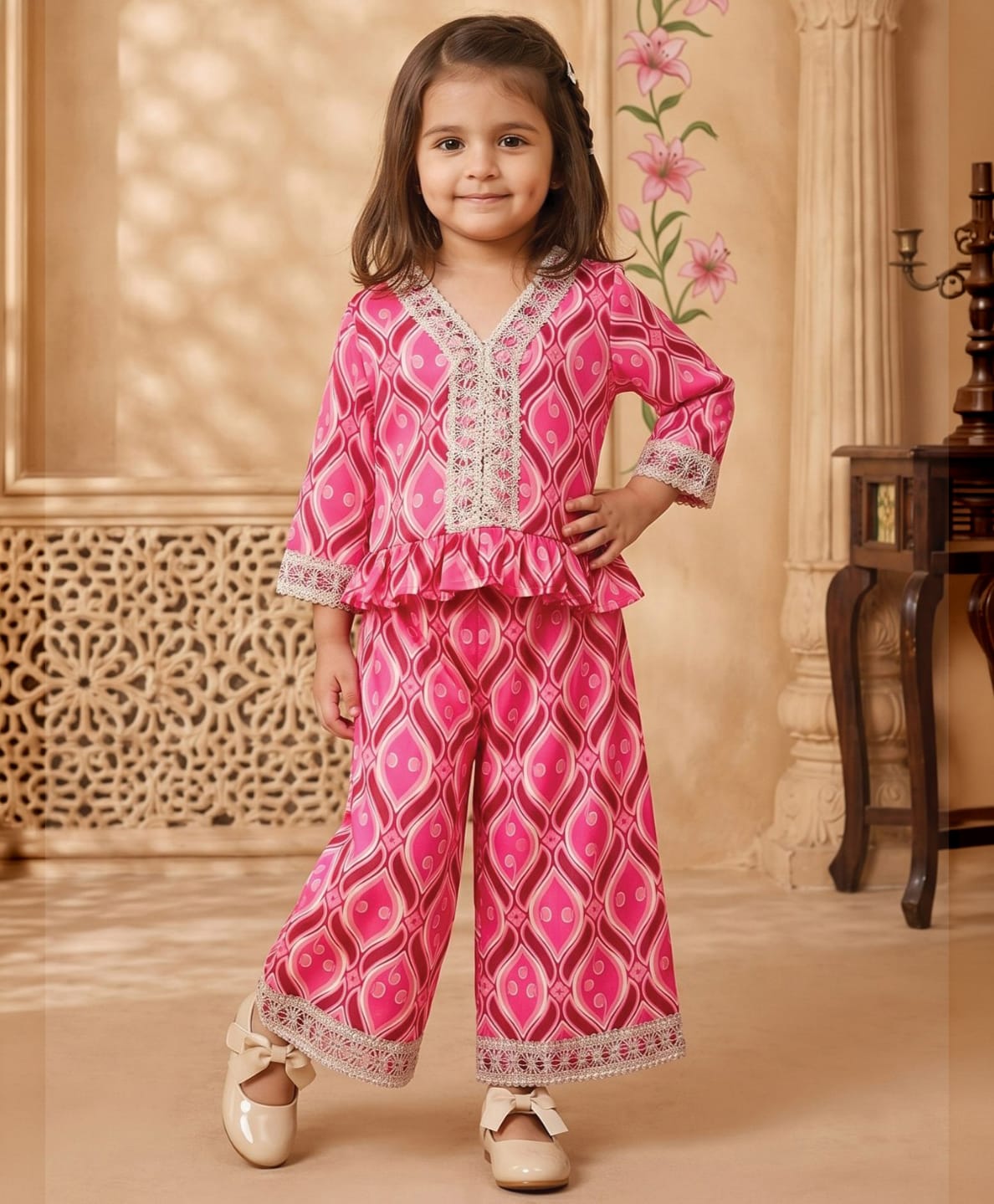 READIPRINT Silk Woven Full Sleeves Abstract Printed Top & Pants Set - Pink-image-10
