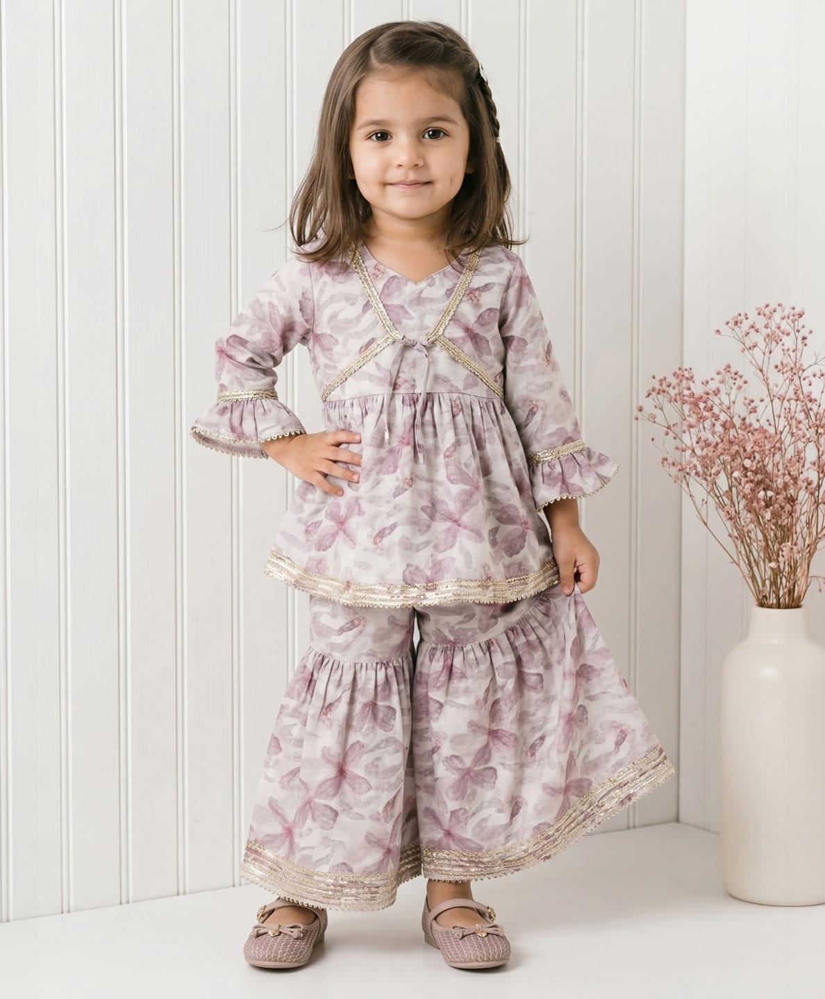 READIPRINT Pure Cotton Woven Three Fourth Sleeves Floral Printed Lace Embellished Kurti & Sharara Set - Beige-picture-48