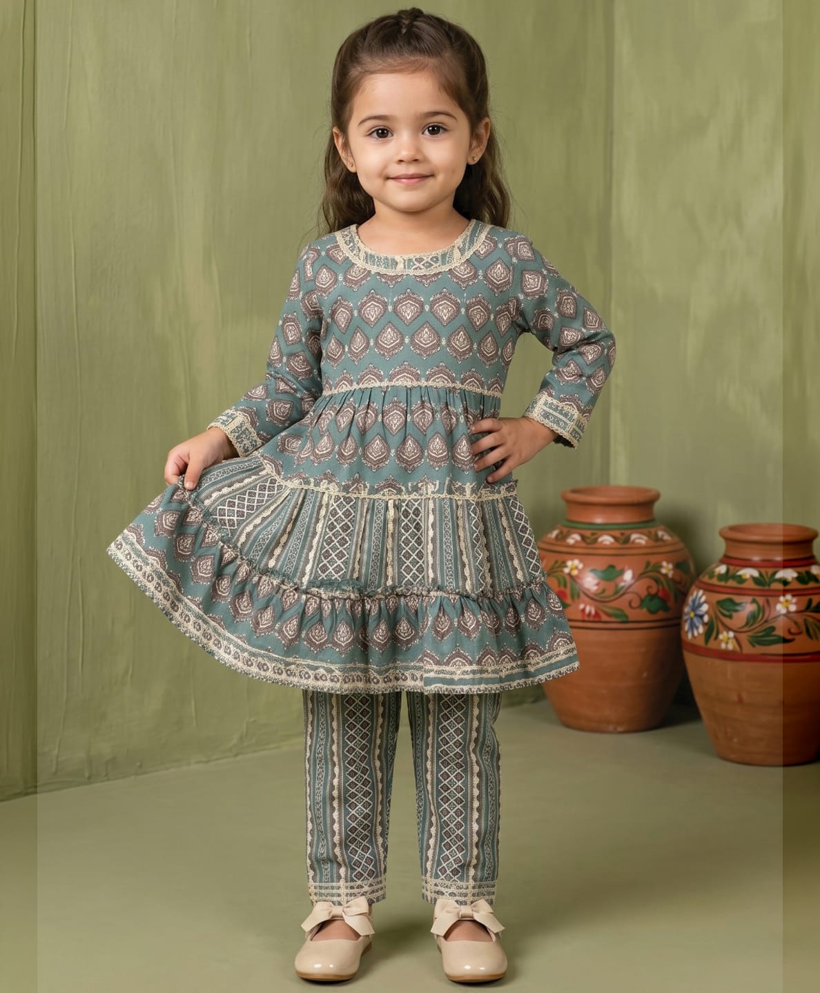 READIPRINT Pure Cotton Woven Full Sleeves Abstract & Geometric Printed Kurti & Pants Set - Teal Blue-image-31