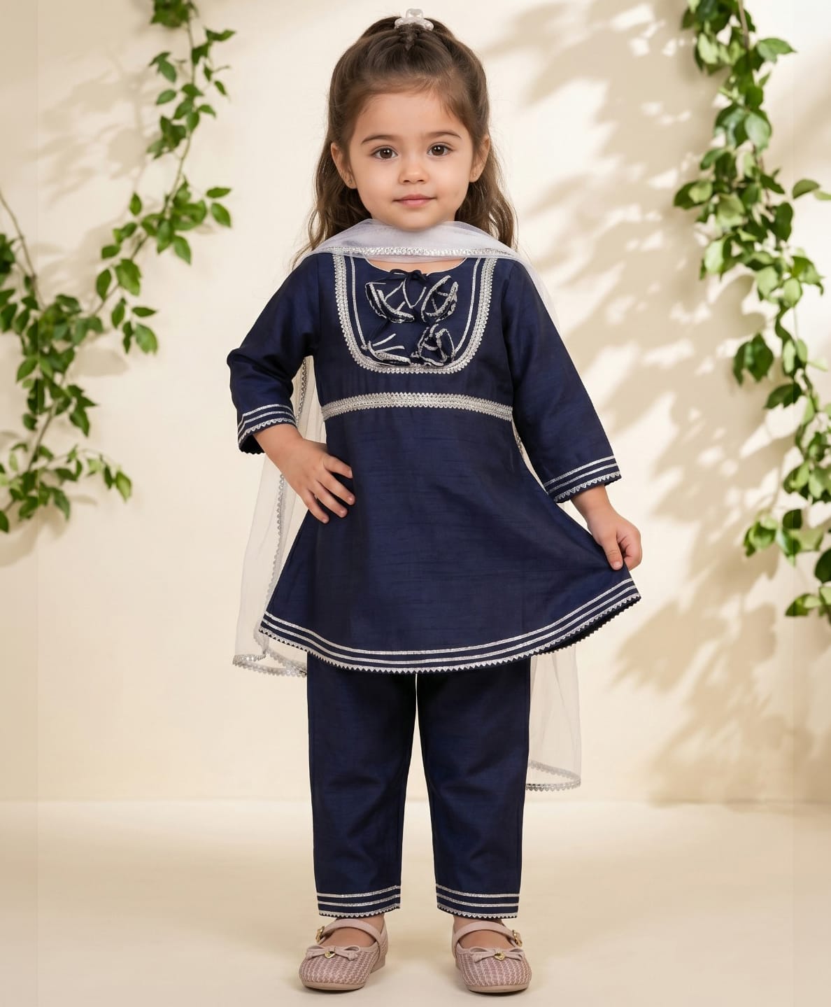 READIPRINT Pure Silk Three Fourth Sleeves Lace Embellished Kurti & Pants With Dupatta Set - Navy blue-image-27
