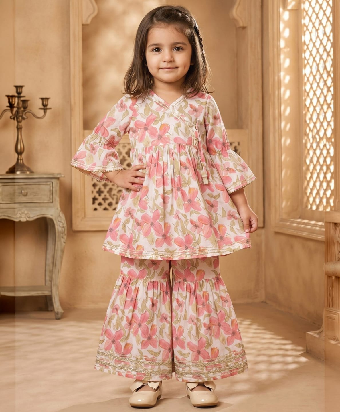 READIPRINT Silk Woven Three Fourth Bell Sleeves Floral Printed Kurti & Sharara Set - Pink-image-34