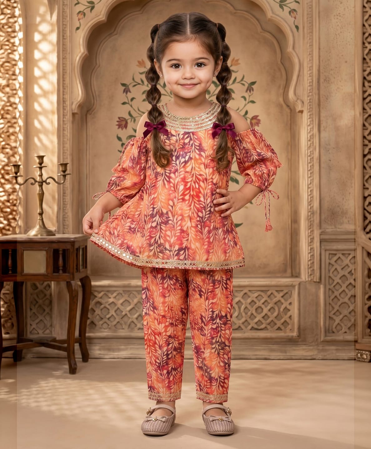 READIPRINT Pure Cotton Woven Cold Shoulder Three Fourth Sleeves Leaves Printed Kurti & Pants Set - Orange-image-26
