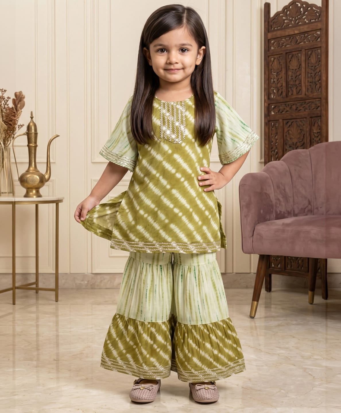 READIPRINT Pure Silk Woven Half Sleeves Striped & Abstract Printed Kurti & Sharara Set - Green-picture-43