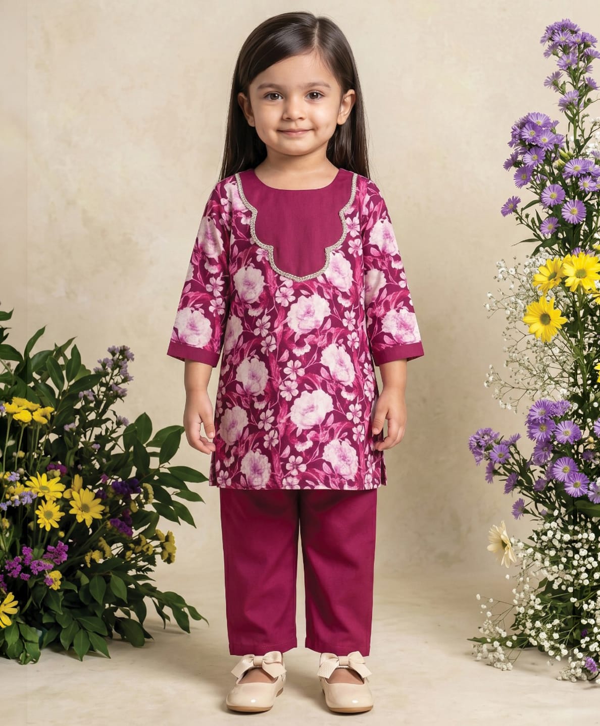 READIPRINT Pure Cotton Woven Three Fourth Sleeves Floral Printed Kurti & Palazzo Set - Violet-picture-6