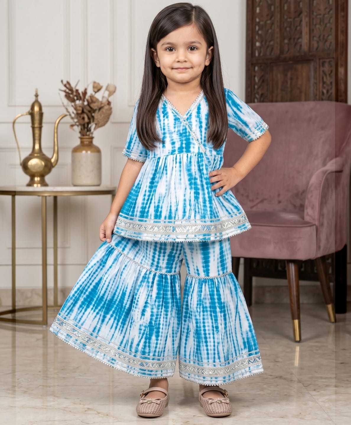 READIPRINT Pure Cotton Woven Half Sleeves Tie & Dye Kurti & Sharara Set - Blue-image-1