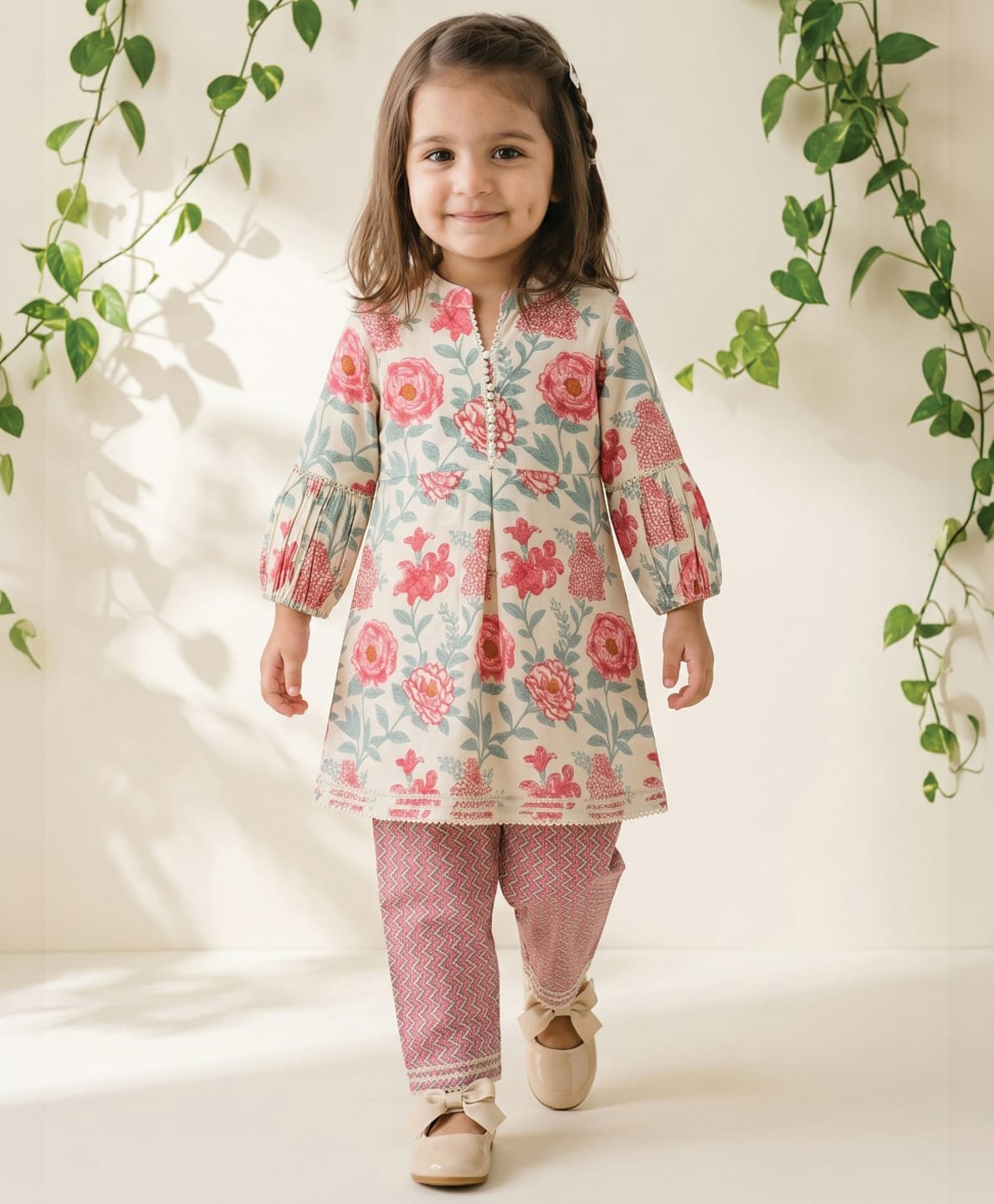 READIPRINT Pure Cotton Woven Full Sleeves Floral Printed Kurti & Pants Set - Pink-picture-21