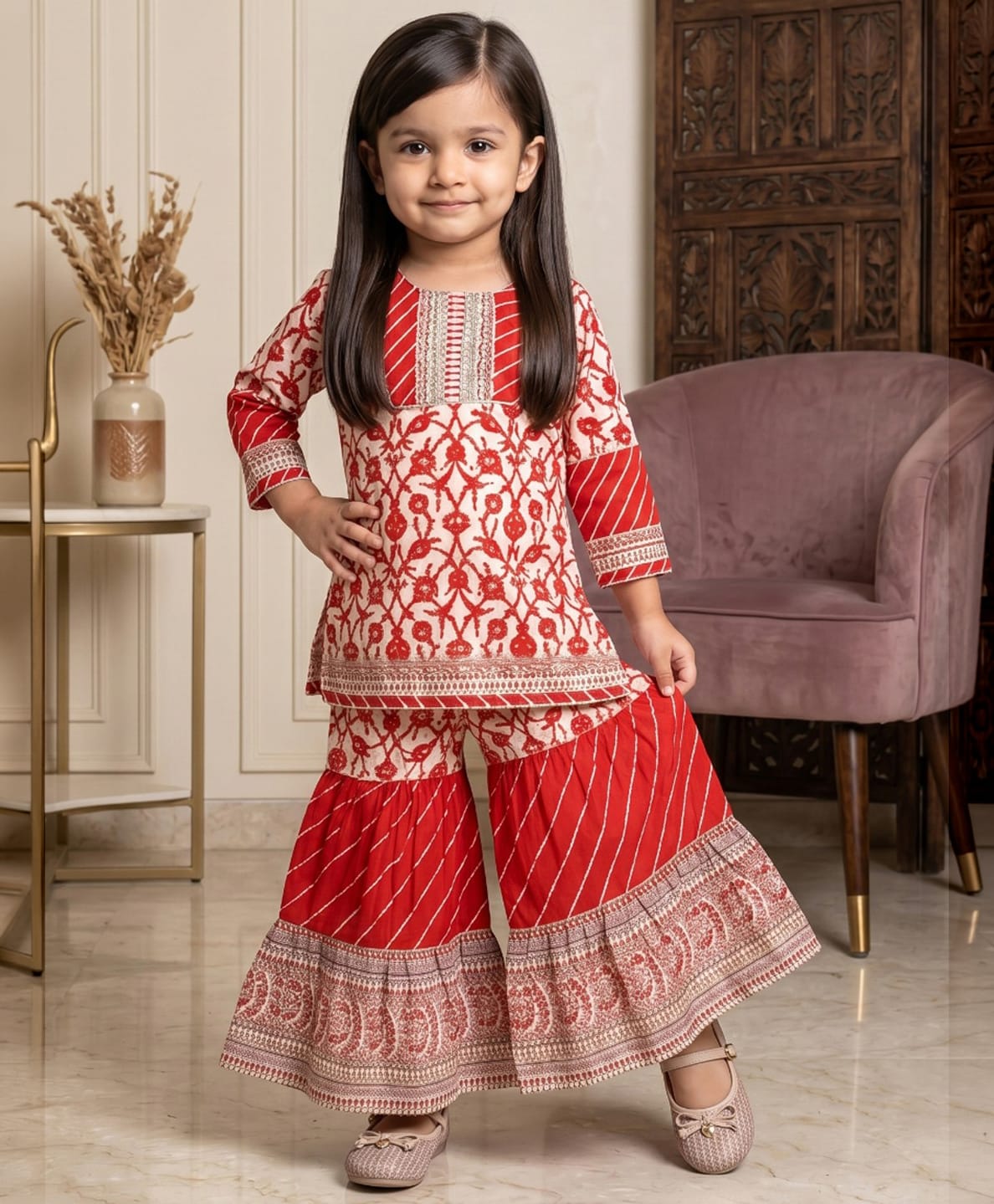 READIPRINT Pure Cotton Woven Three Fourth Sleeves Floral Printed Kurti & Sharara Set - Red-image-35