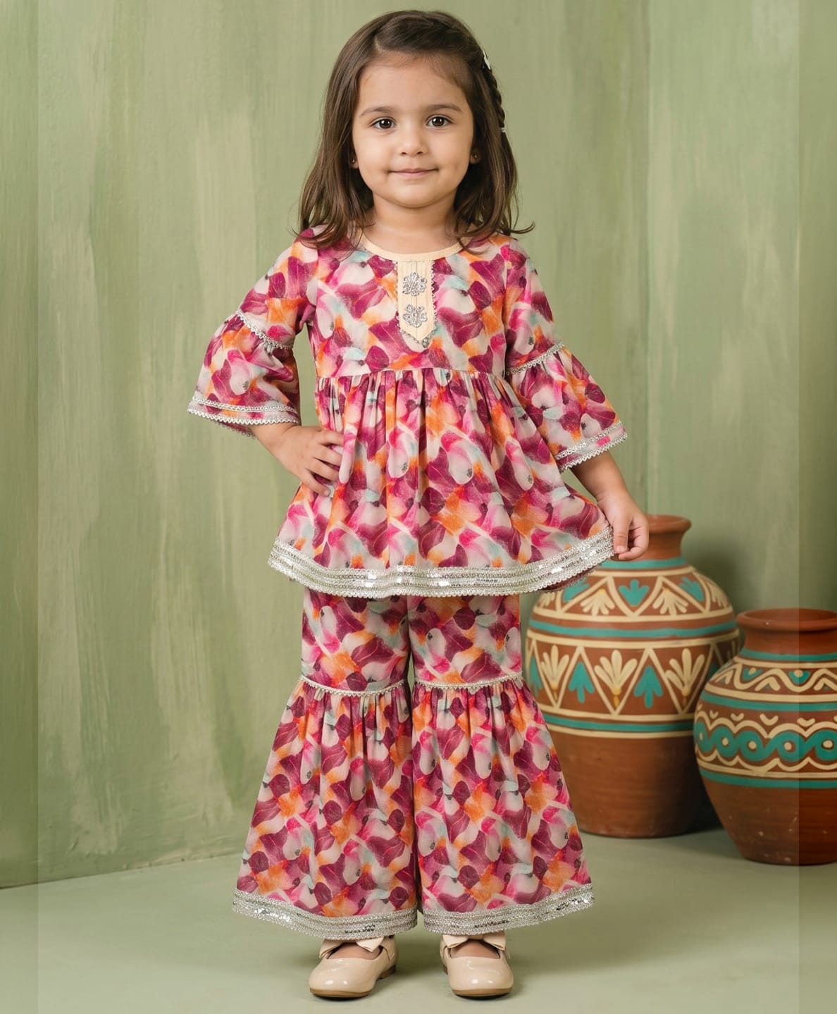 READIPRINT Chiffon Woven Three Fourth Sleeves Floral Printed Kurti & Sharara Set - Multi Colour-picture-21