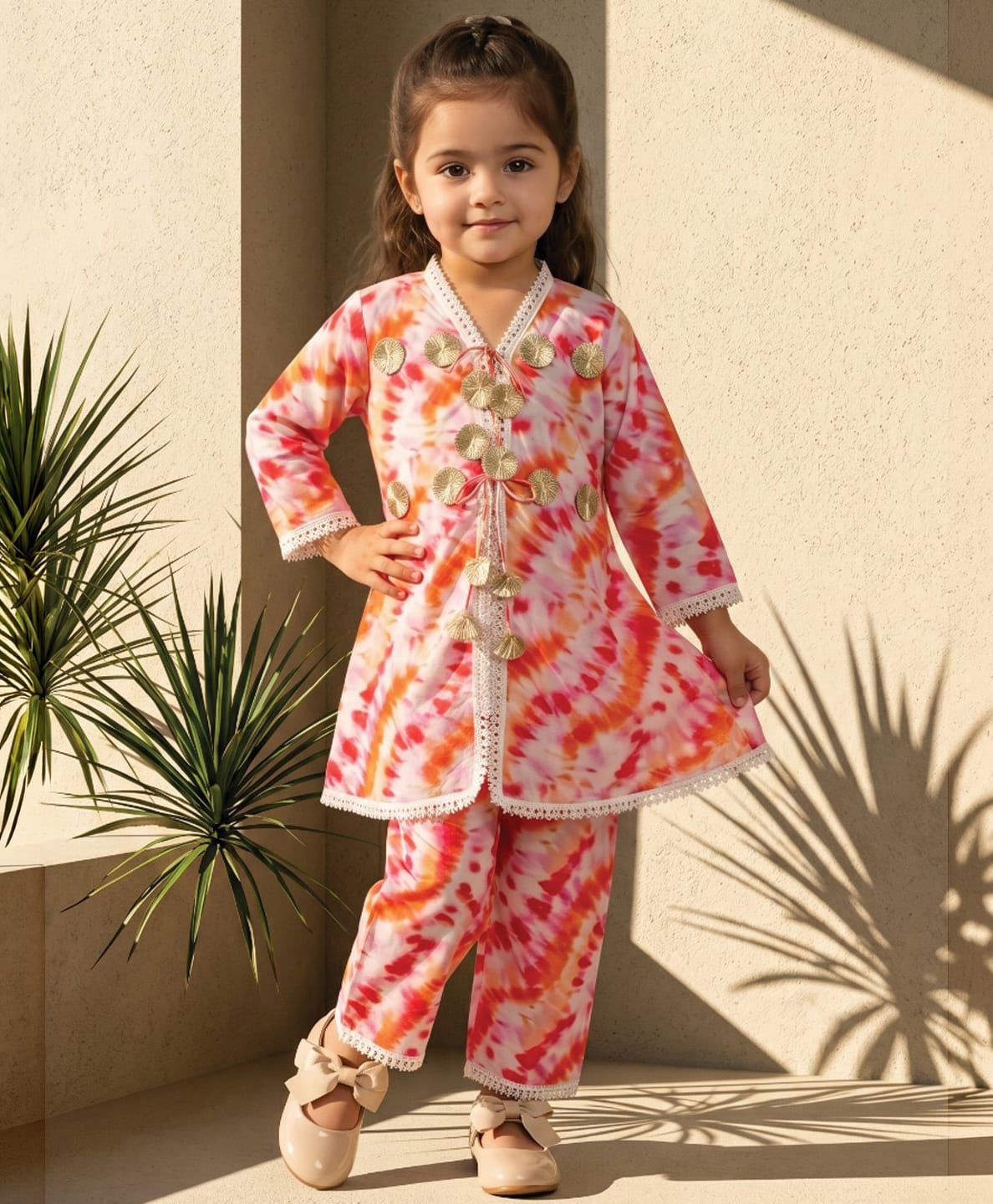 READIPRINT Pure Cotton Woven Three Fourth Sleeves Tie & Dye Kurti & Pants Set - Pink-image-12