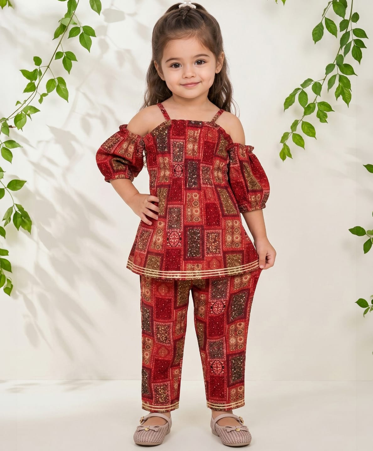 READIPRINT Viscose Rayon Woven Cold Shoulder Three Fourth Sleeves Geometric & Abstract Printed Kurti & Pants Set - Maroon-picture-30