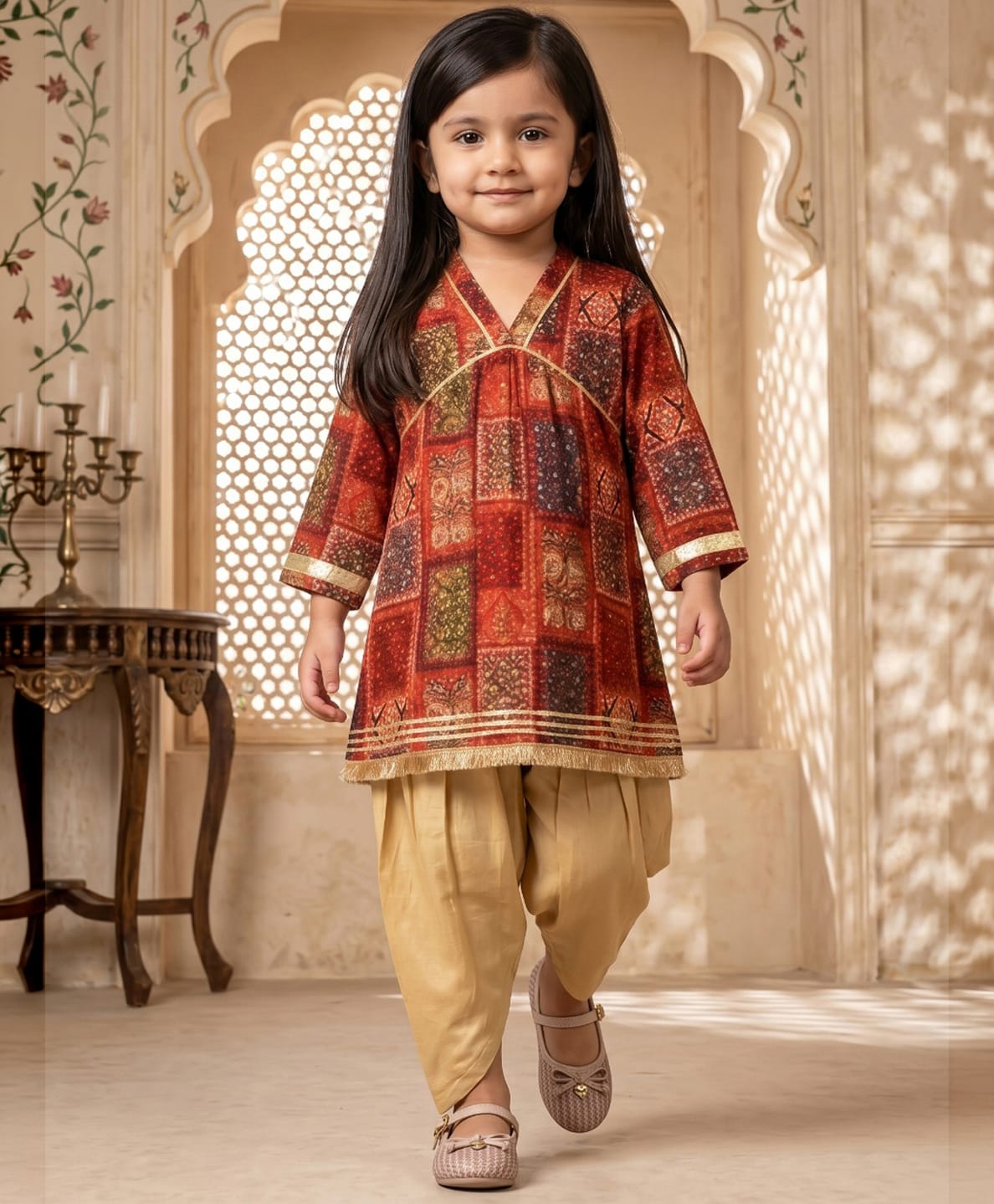 READIPRINT Viscose Rayon Woven Three Fourth Sleeves Abstract & Geometric Printed Kurti & Dhoti Set - Red-image-2