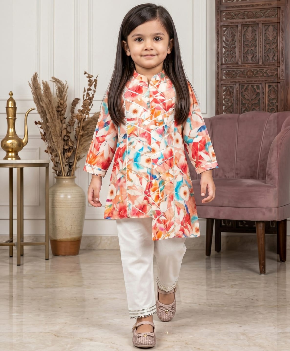 READIPRINT Pure Cotton Woven Full Sleeves Floral Printed Asymmetrical Kurti & Pants Set - Peach-image-40