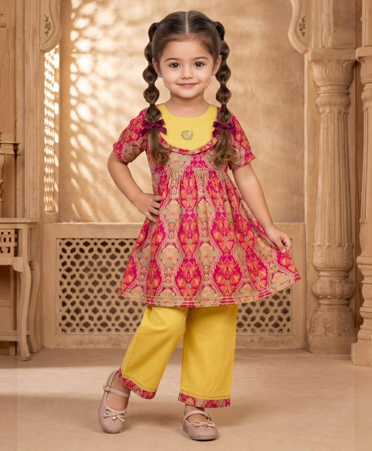 READIPRINT Pure Cotton Woven Half Sleeves Abstract Printed Kurti & Pants Set - Pink-picture-22