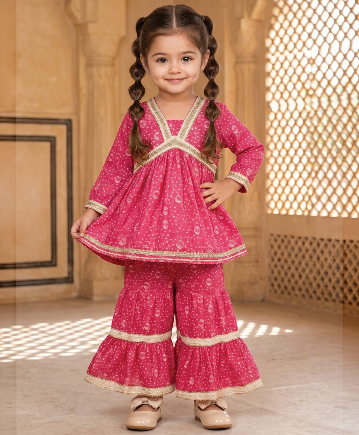 READIPRINT Silk Woven Full Sleeves Bandhani Printed Lace Embellished Kurti & Sharara Set - Pink-image-26