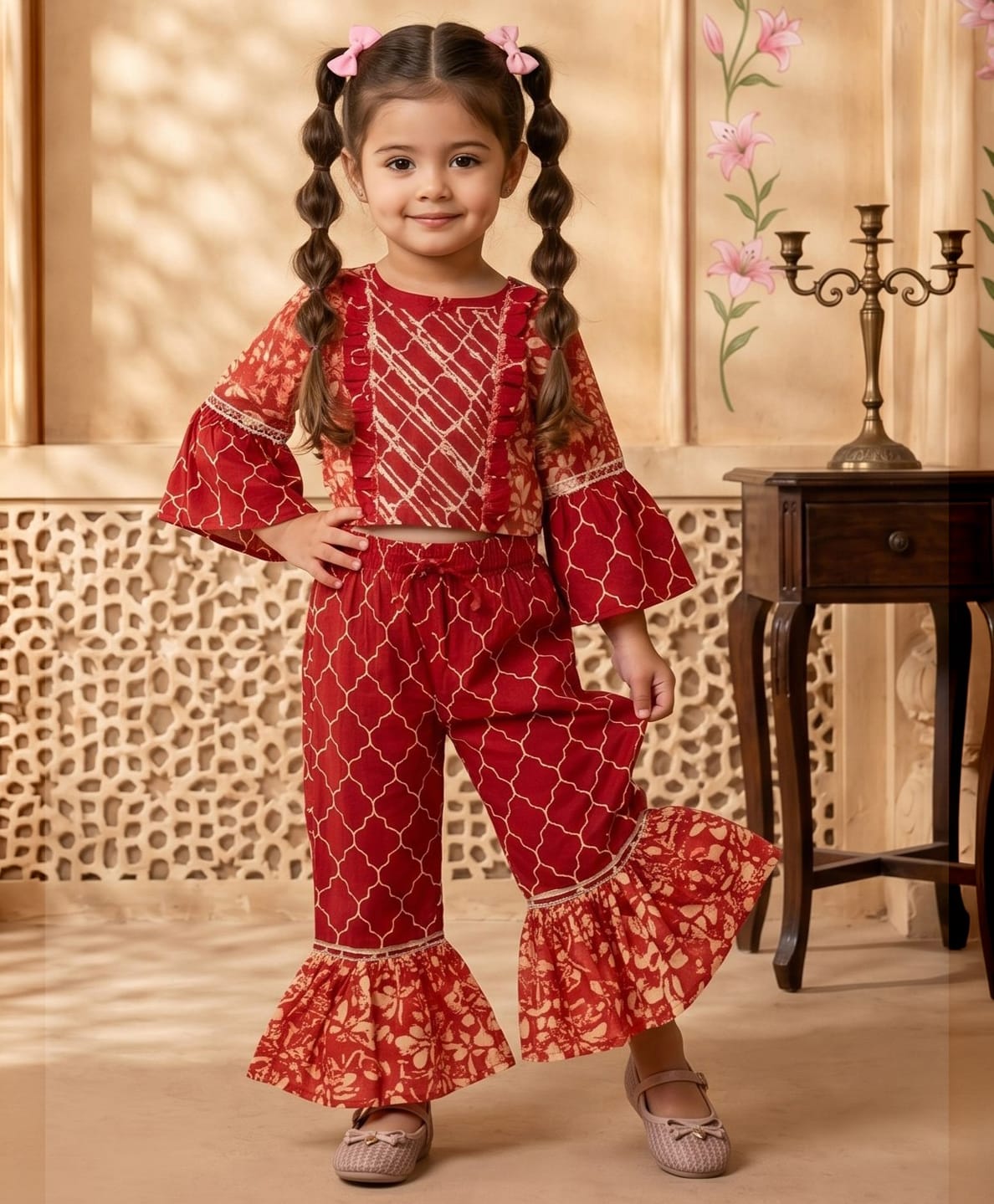 READIPRINT Pure Cotton Woven Three Fourth Bell Sleeves Floral & Abstract Printed Top & Pants Set - Red-image-23