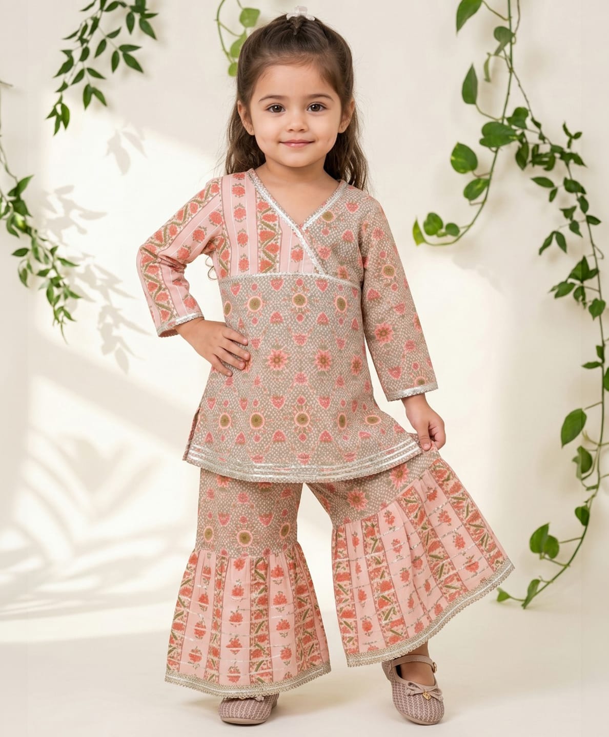READIPRINT Pure Cotton Woven Three Fourth Sleeves Floral Printed Kurti & Sharara Set - Pink-image-42