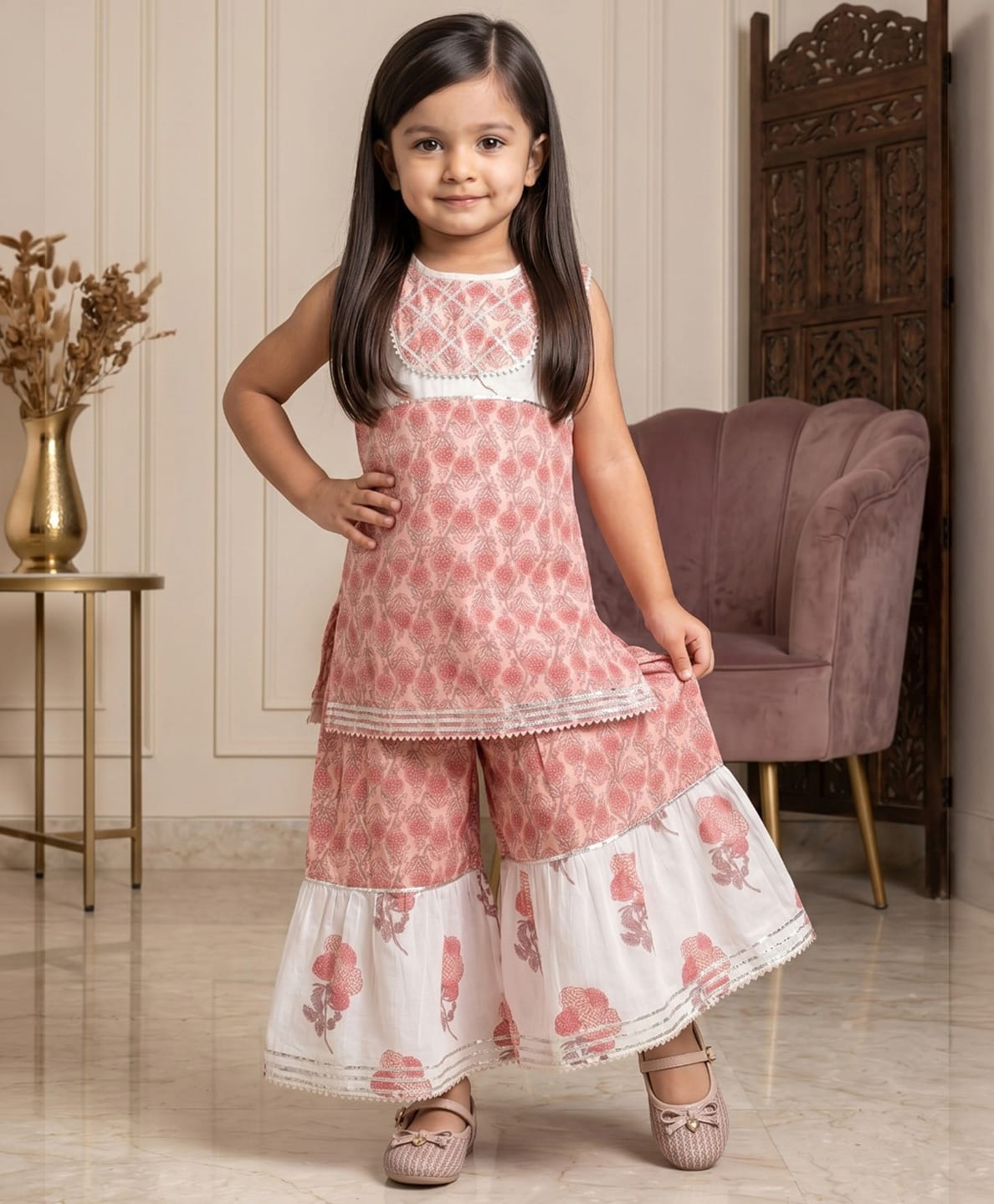 READIPRINT Pure Cotton Woven Sleeveless Floral Printed Kurti & Sharara Set - Peach-image-29