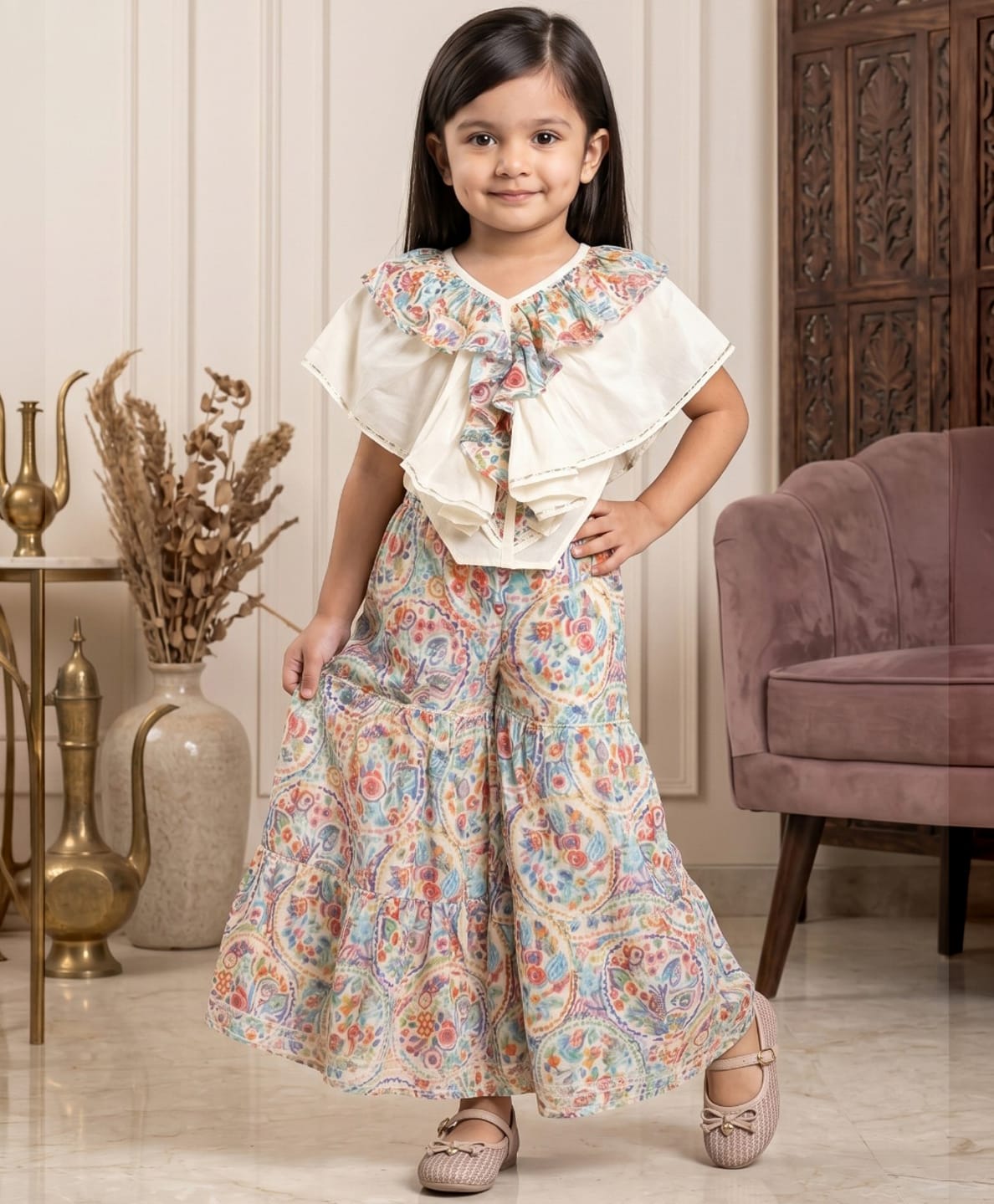 READIPRINT Pure Cotton Woven Sleeveless Abstract Printed Ruffled Top & Sharara Set - Multi Colour-image-36