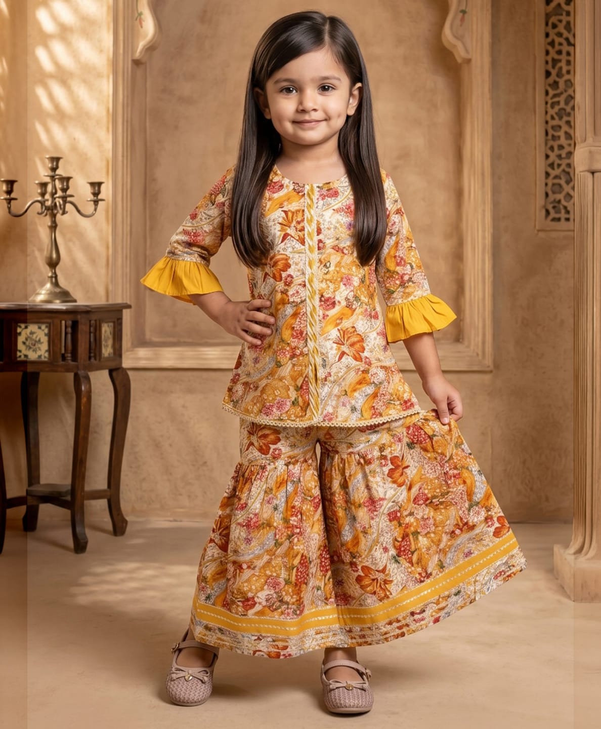 READIPRINT Pure Cotton Woven Three Fourth Sleeves Floral Printed Kurti & Sharara Set - Mustard-picture-38
