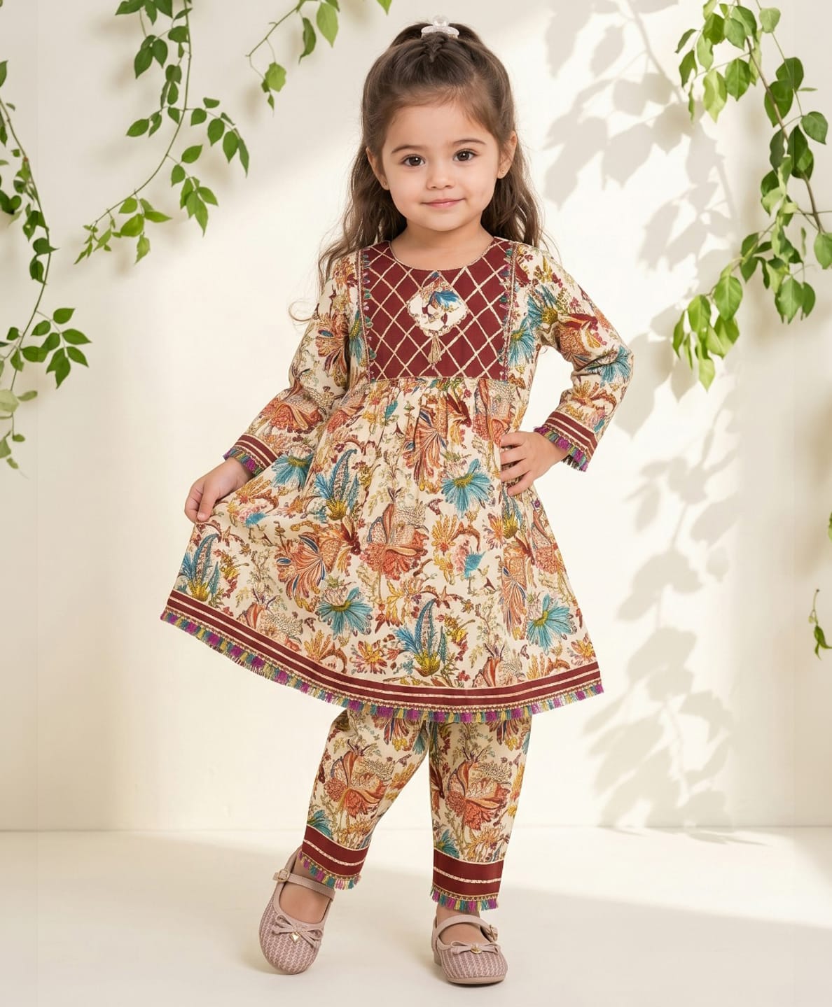 READIPRINT Pure Cotton Woven Full Sleeves Floral Printed Kurti & Pants Set - Beige-image-38