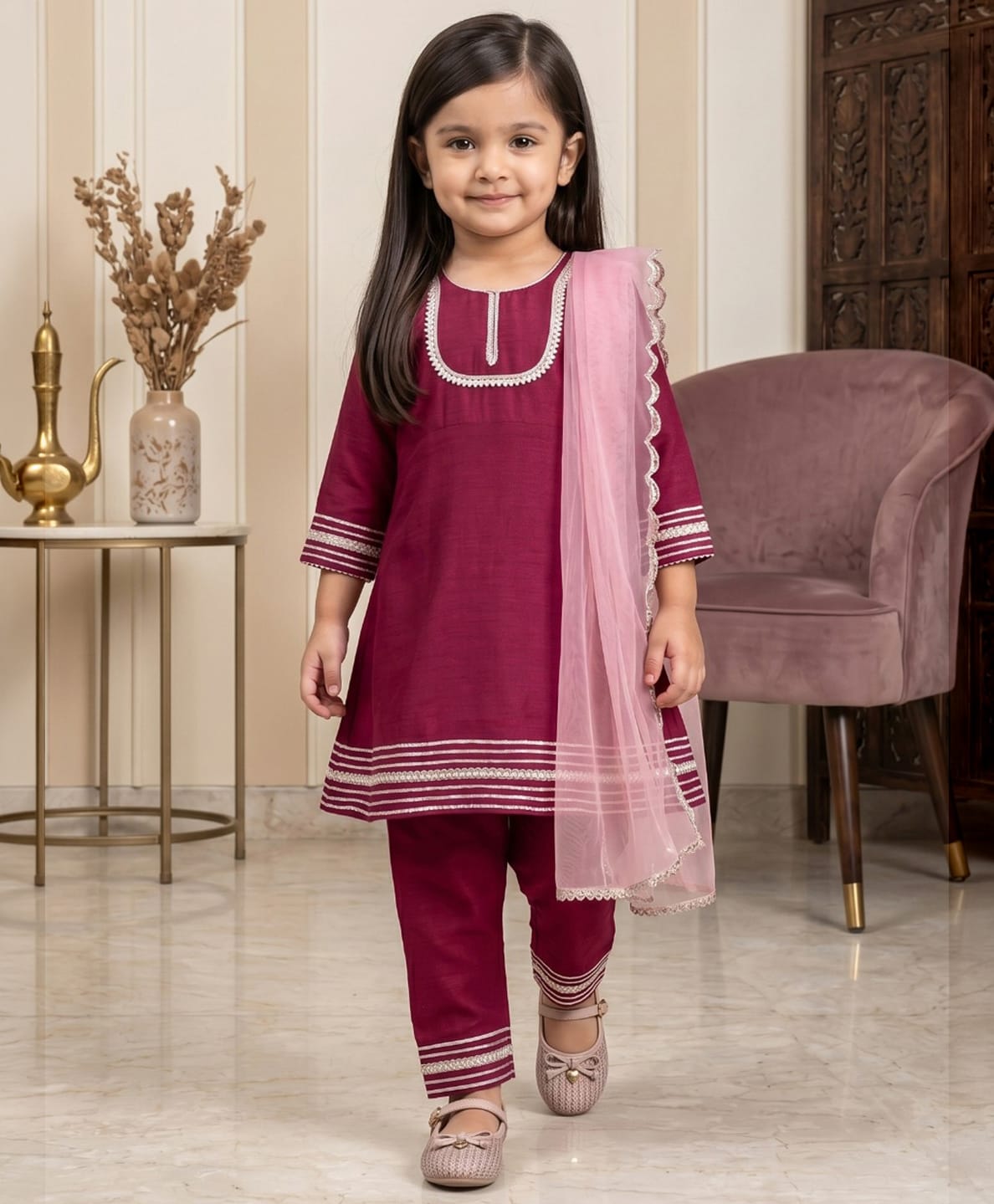 READIPRINT Silk Woven Three Fourth Sleeves Lace Embellished Kurti & Pants With Dupatta Set - Maroon-picture-29