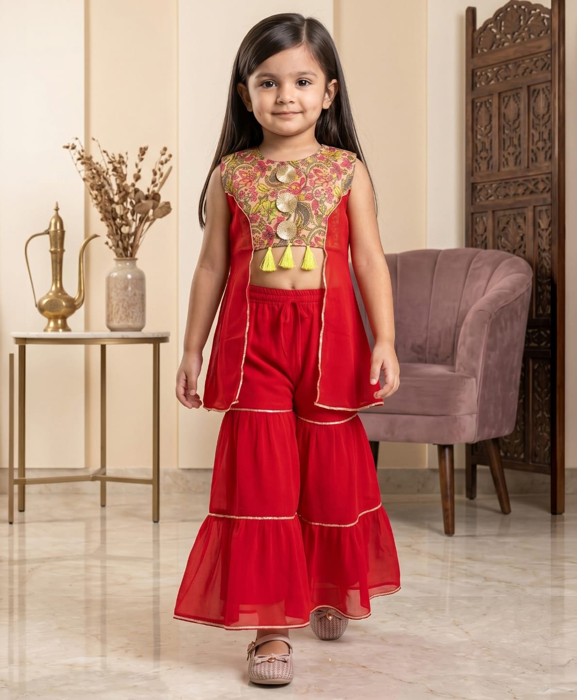 READIPRINT Pure Cotton Woven Sleeveless Floral Printed Top & Sharara Set - Red-image-26
