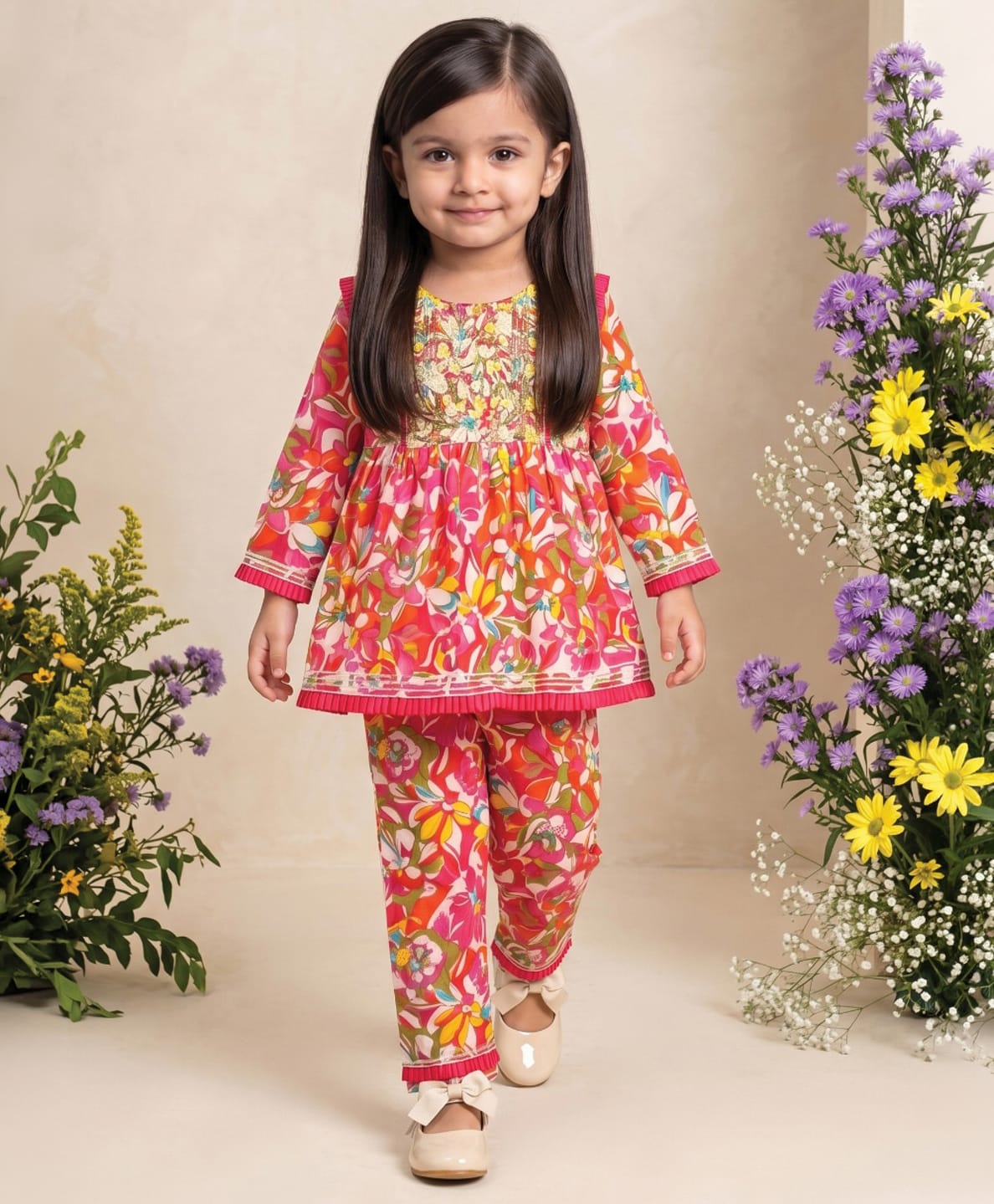 READIPRINT Pure Cotton Woven Three Fourth Sleeves Floral Printed Kurti & Pyjamas Set - Pink-picture-19