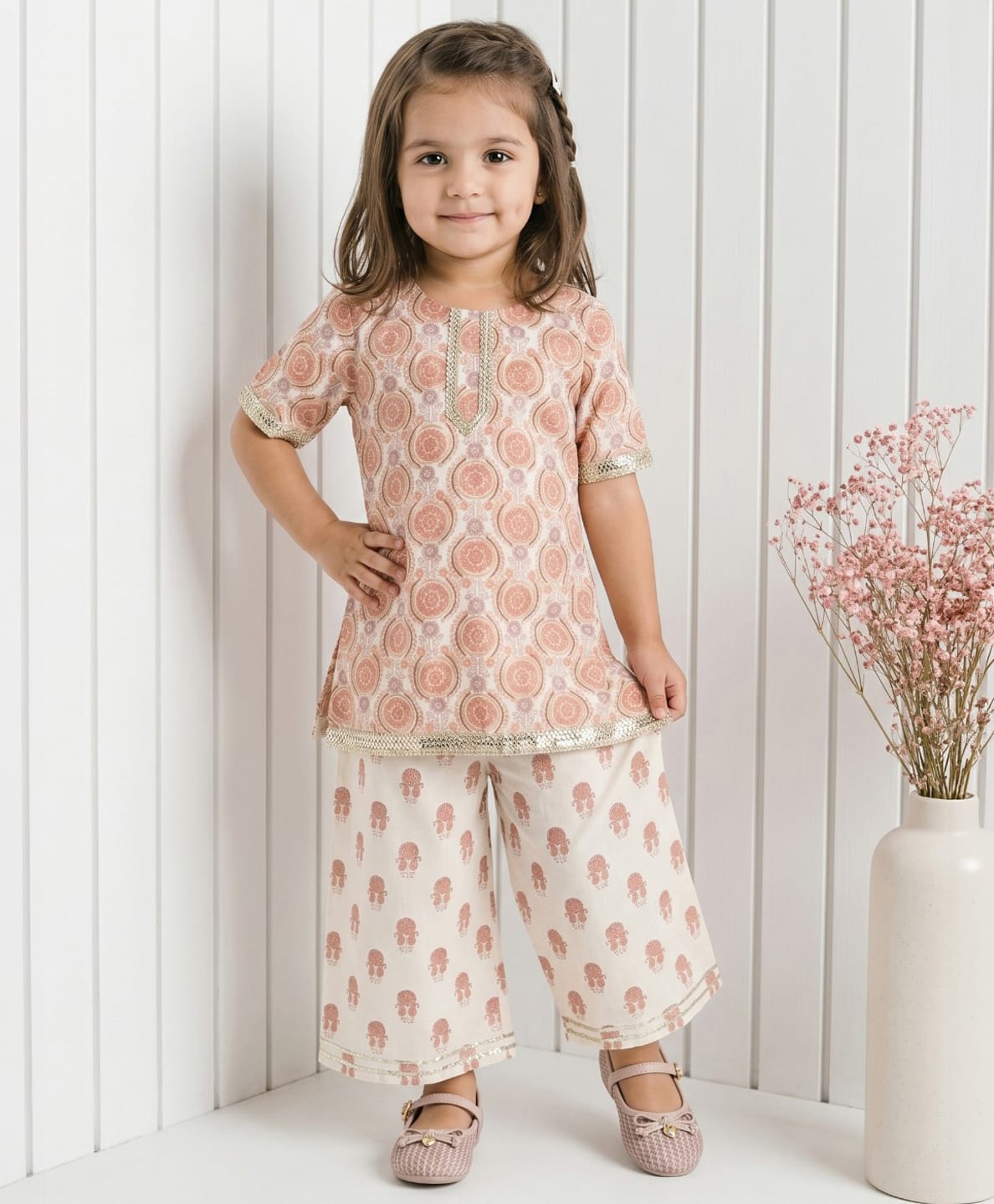 READIPRINT Pure Cotton Woven Half Sleeves Abstract Printed Kurti & Pants Set - Cream-image-19