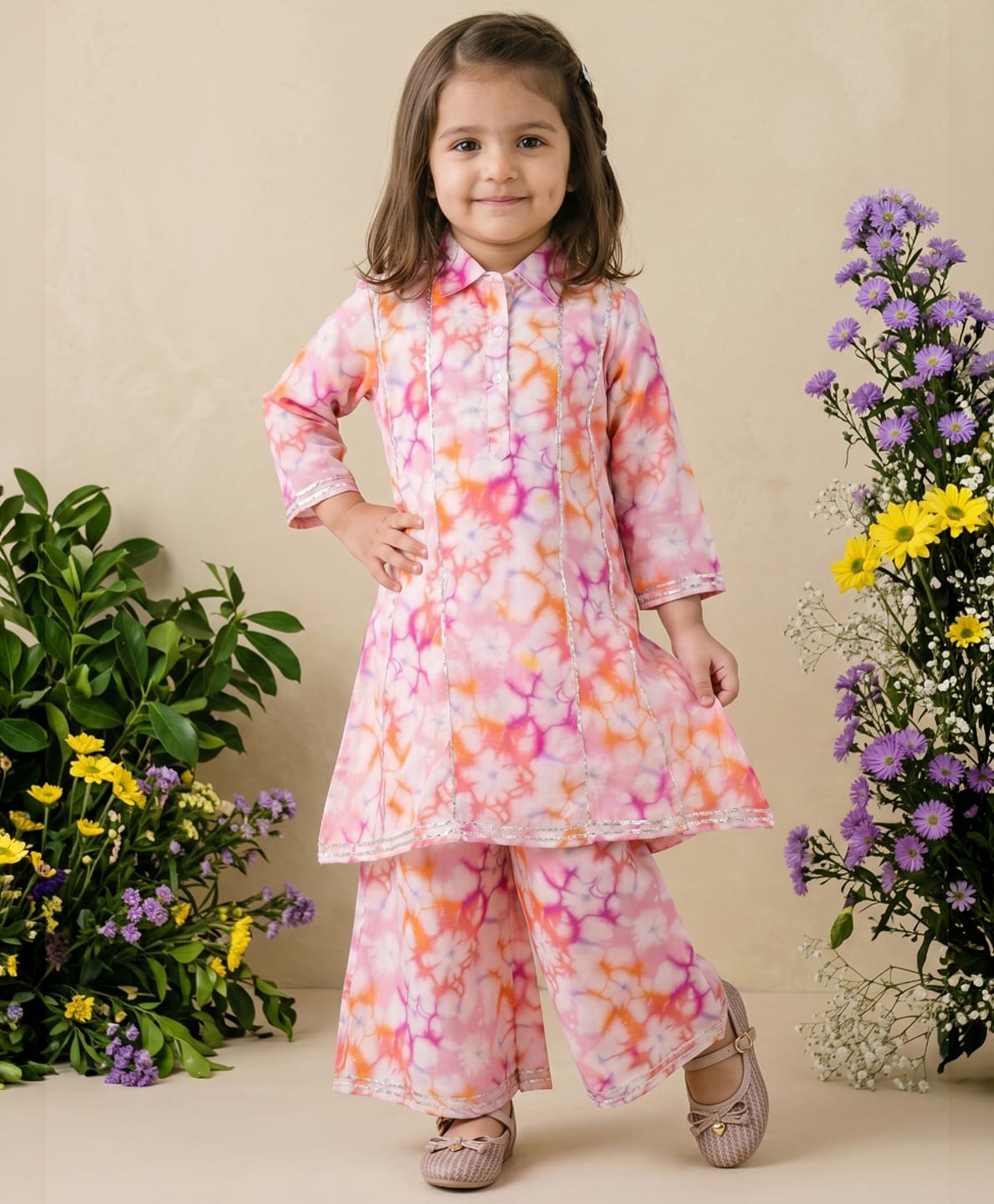READIPRINT Chiffon Woven Three Fourth Sleeves Tie & Dye Kurti & Palazzo Set - Peach-picture-42