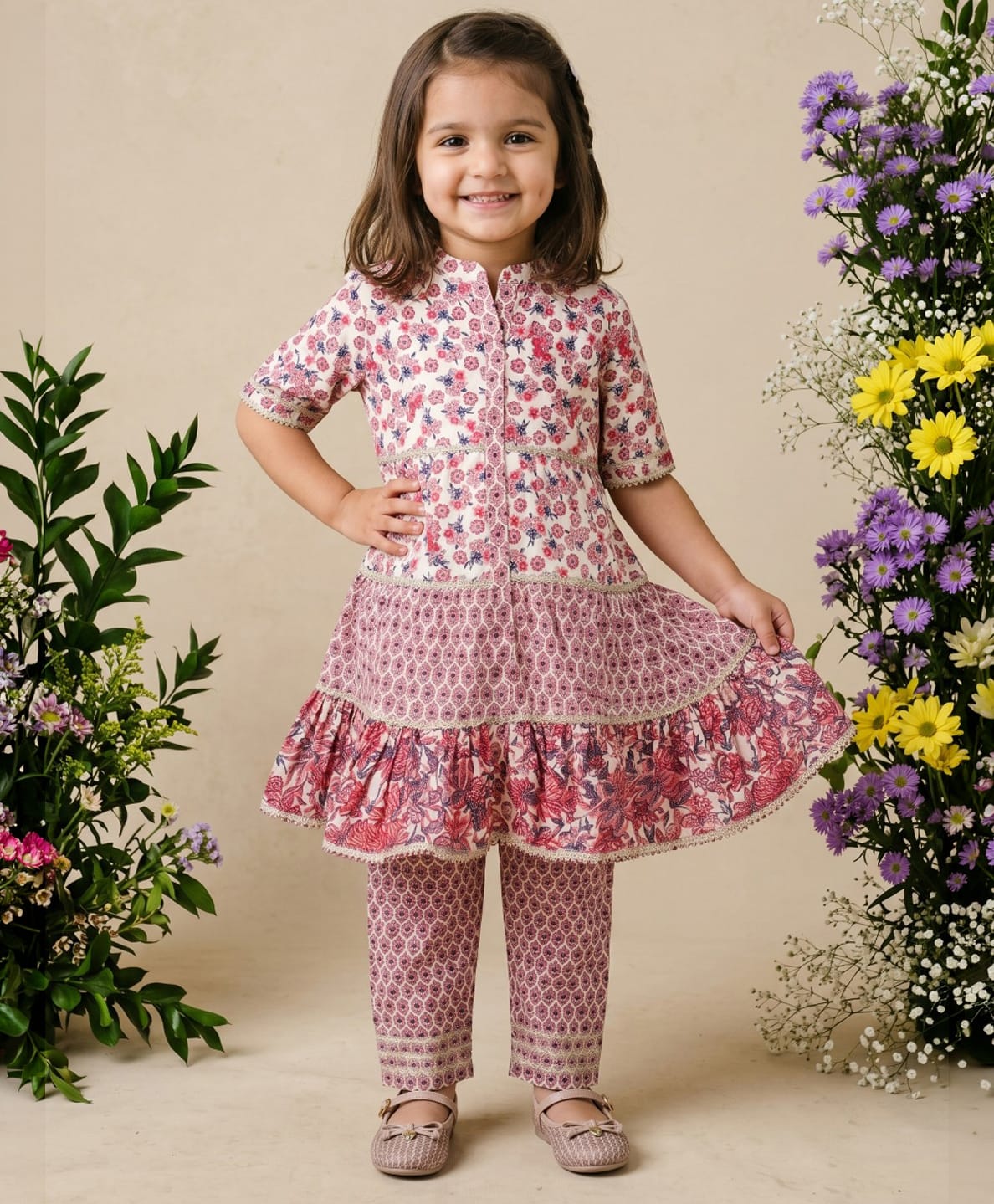 READIPRINT Pure Cotton Woven Half Sleeves Floral Printed Kurti & Pants Set - Pink-image-36