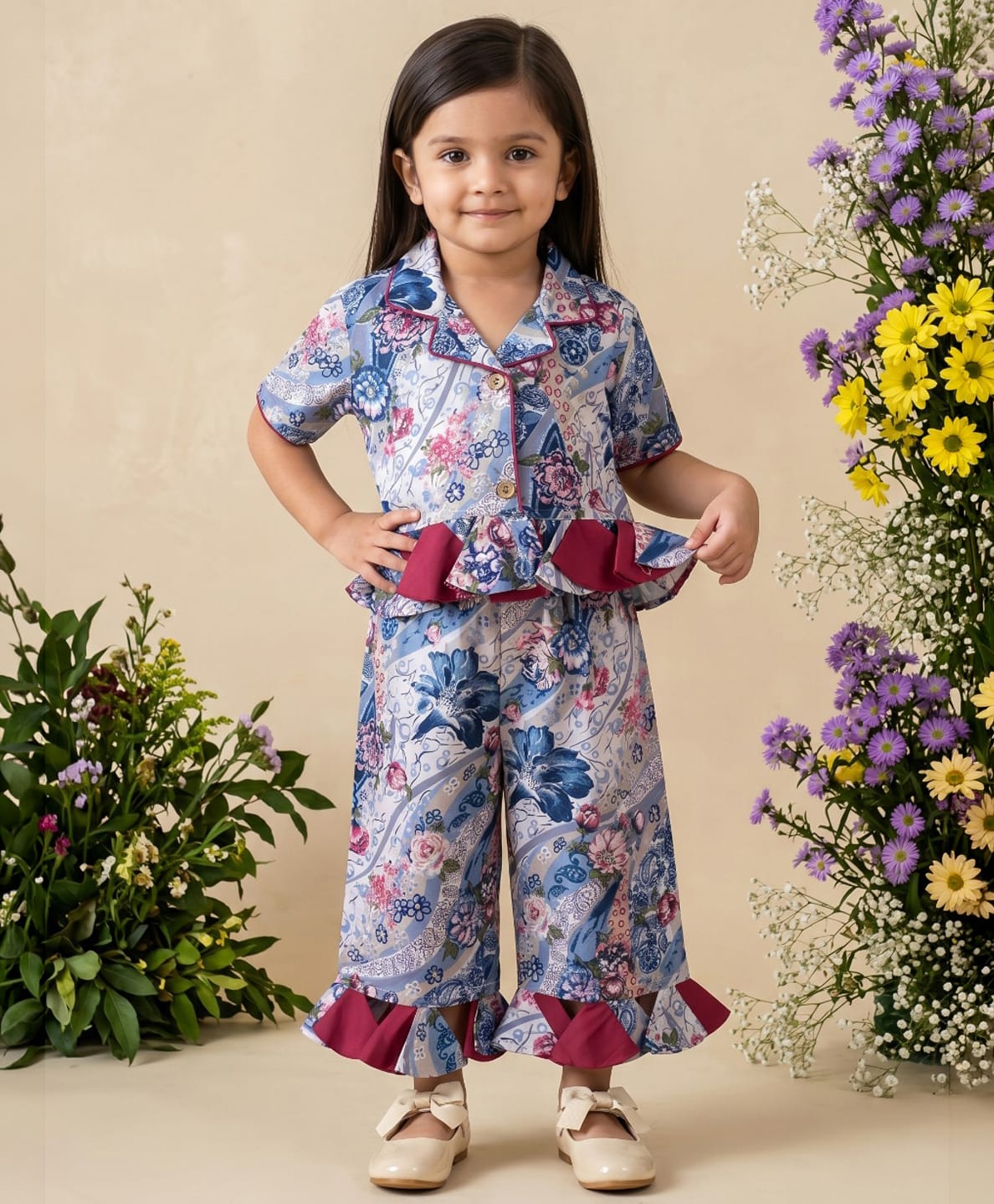READIPRINT Pure Cotton Woven Half Sleeves Floral Printed Top & Palazzo Set - Blue-picture-31
