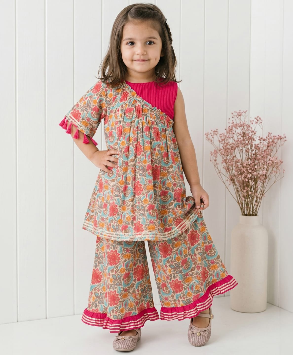 READIPRINT Pure Cotton Woven Half Sleeves Floral Printed Kurti & Palazzo Set - Pink-picture-8