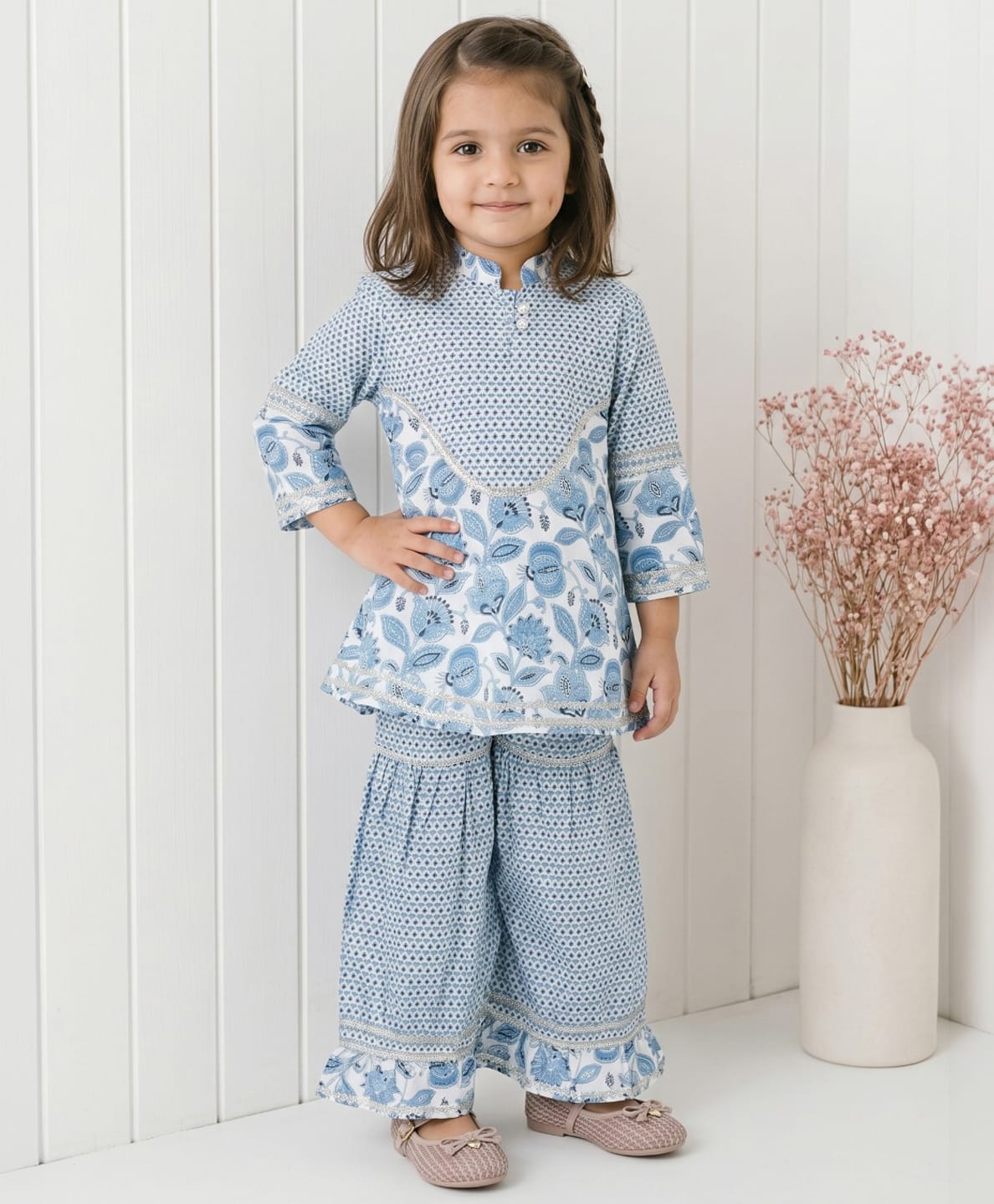 READIPRINT Pure Cotton Woven Three Fourth Sleeves Floral Printed Kurti & Sharara Set - Blue-image-48