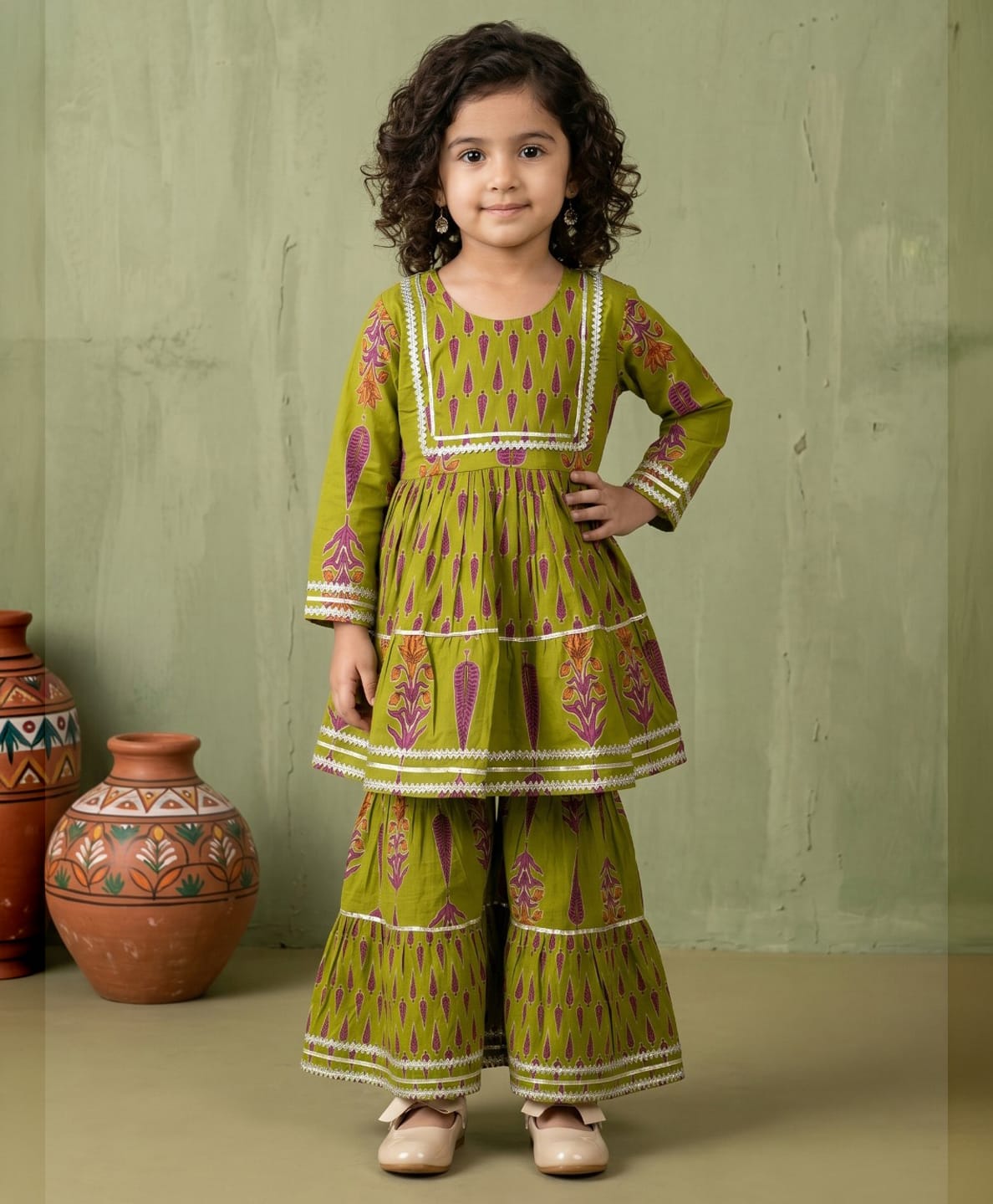 READIPRINT Pure Cotton Woven Full Sleeves Floral & Abstract Printed Kurti & Sharara Set - Green-picture-33