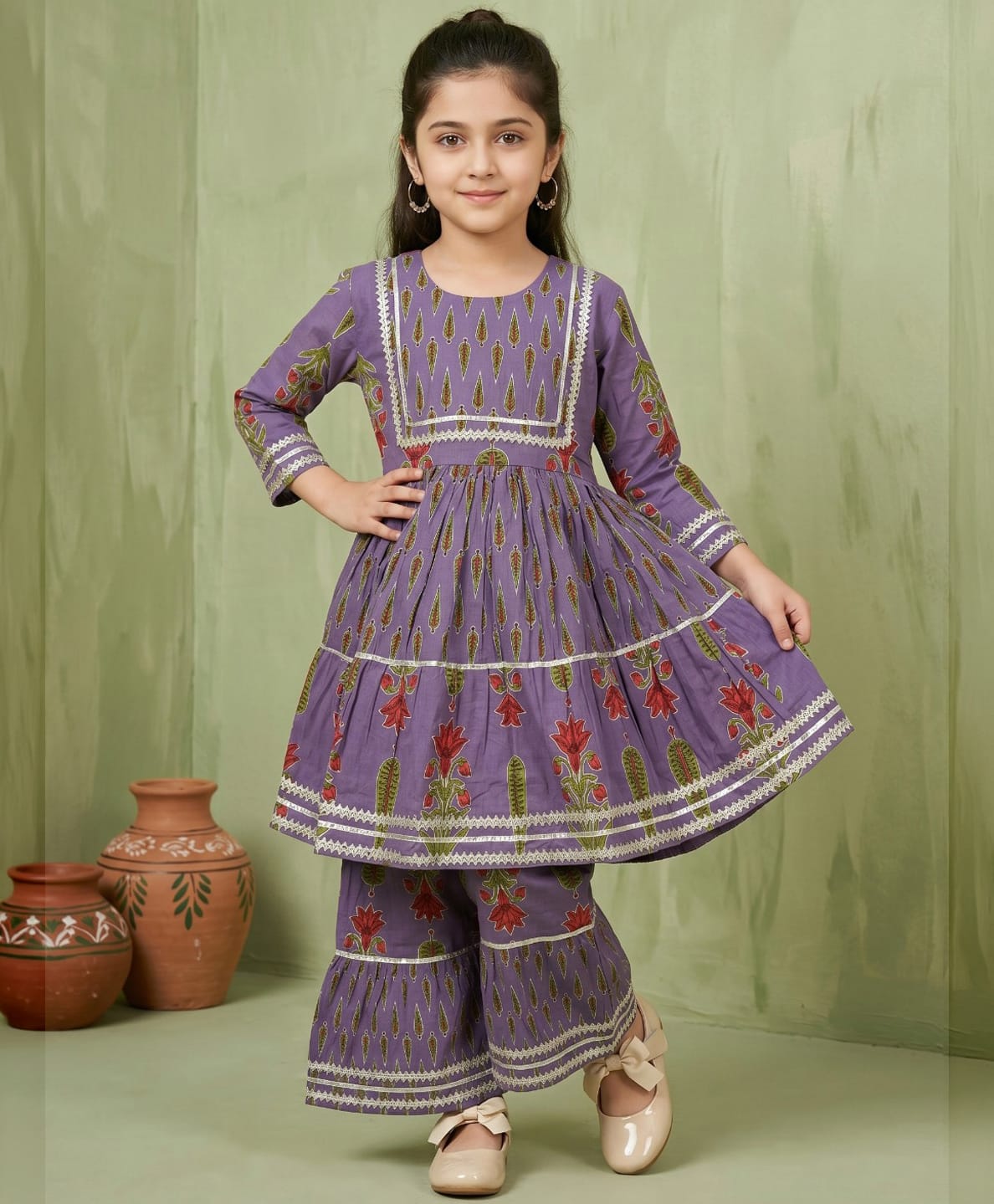 READIPRINT Pure Cotton Woven Full Sleeves Floral & Abstract Printed Kurti & Sharara Set - Violet-picture-18